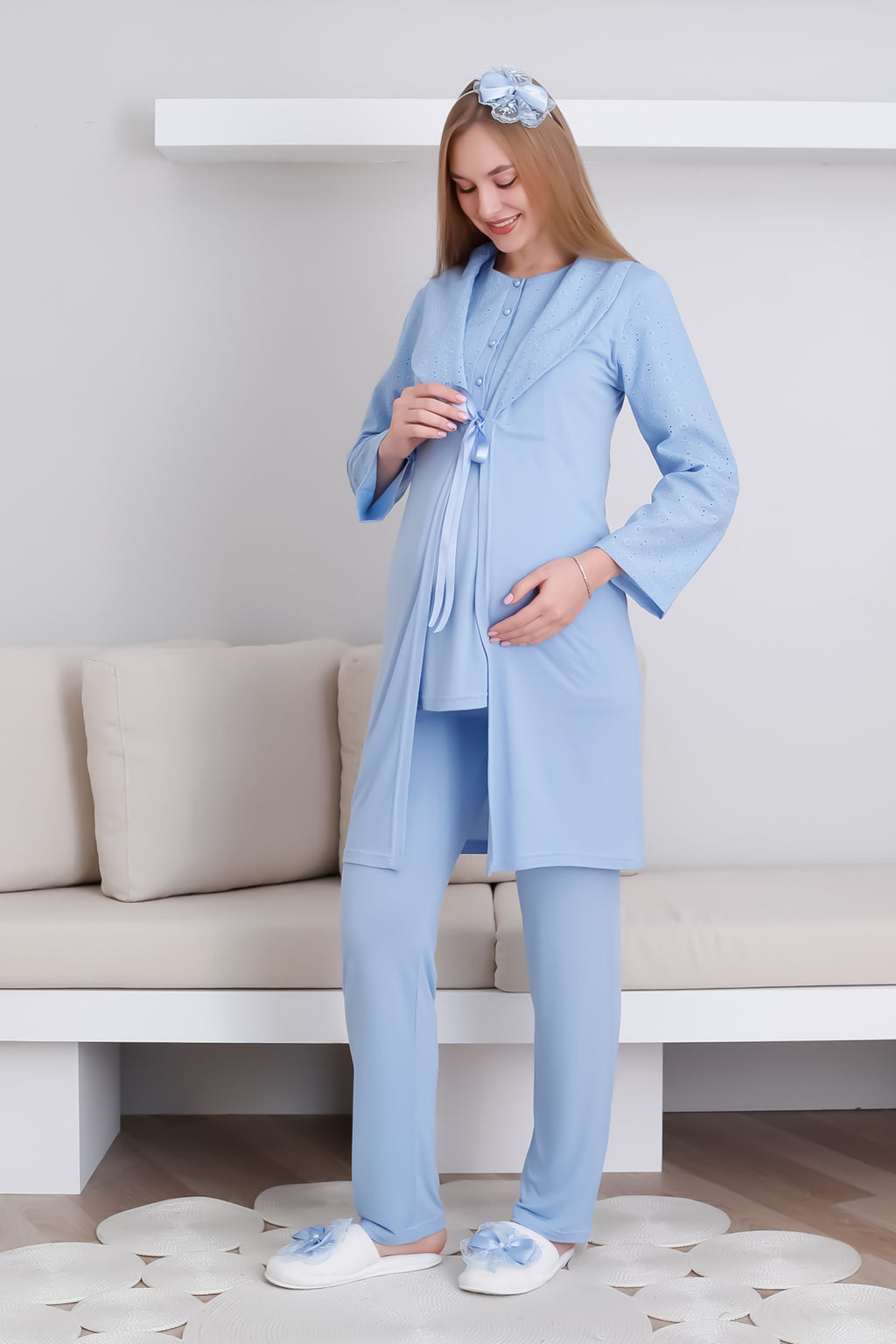 Hamile lohusa pijama ve sabahlık takımı şal yaka önden düğmeli