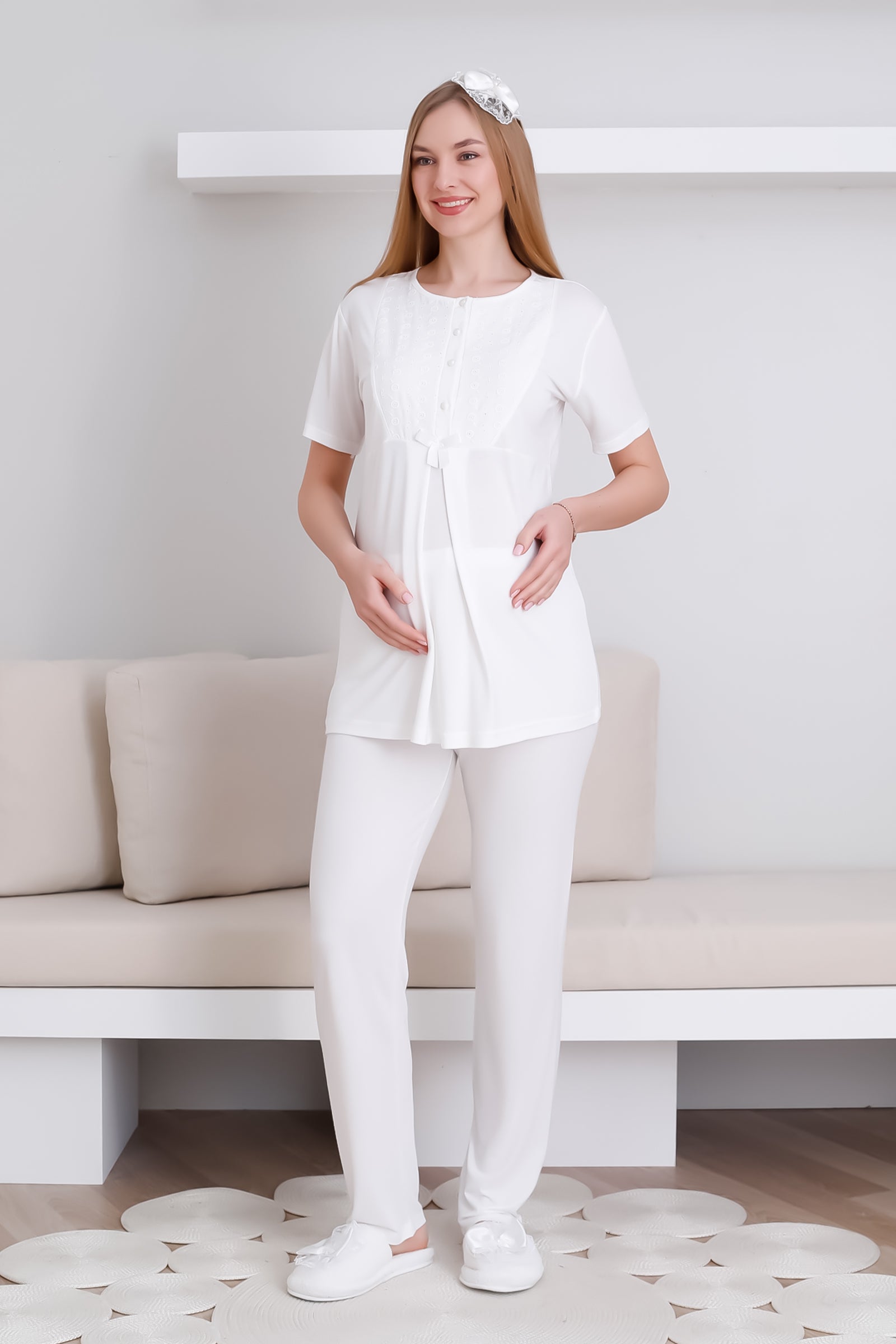 Lohusa&Hamile Sabahlık ve Pijama Takım / Şal Yaka Önü Düğmeli Hamile Takım - 3438