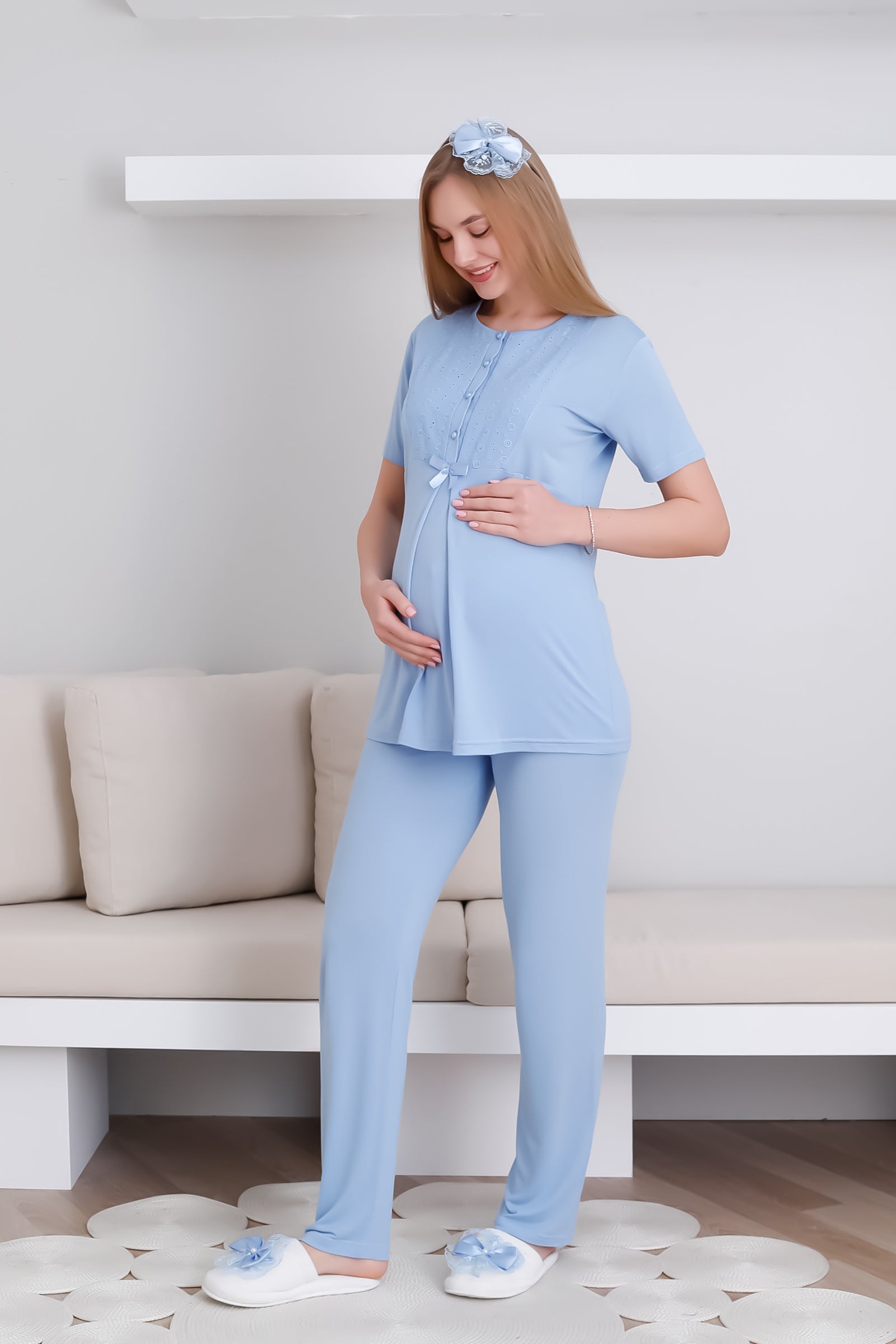 Lohusa&Hamile Sabahlık ve Pijama Takım / Şal Yaka Önü Düğmeli Hamile Takım - 3438