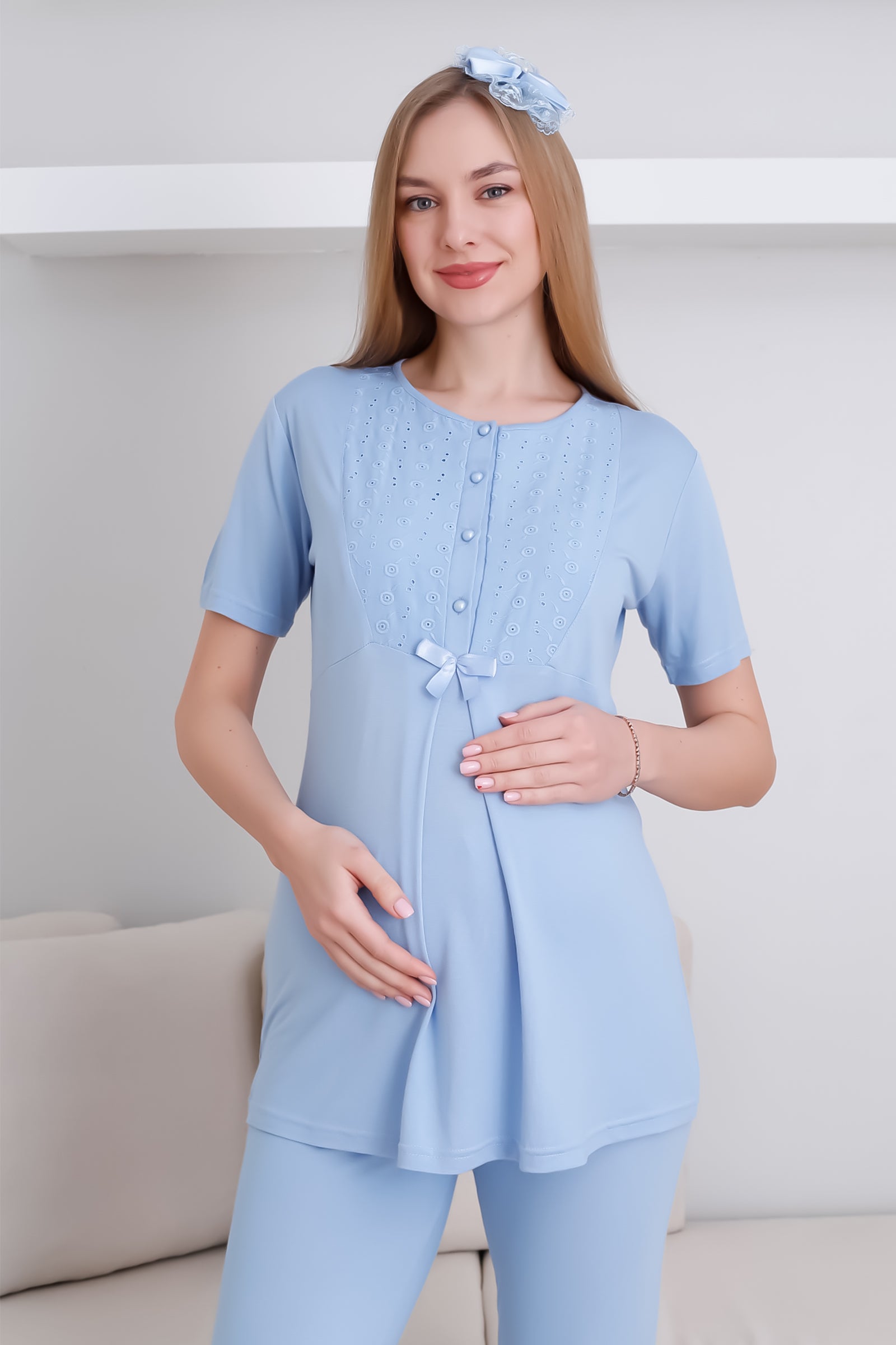 Lohusa&Hamile Sabahlık ve Pijama Takım / Şal Yaka Önü Düğmeli Hamile Takım - 3438