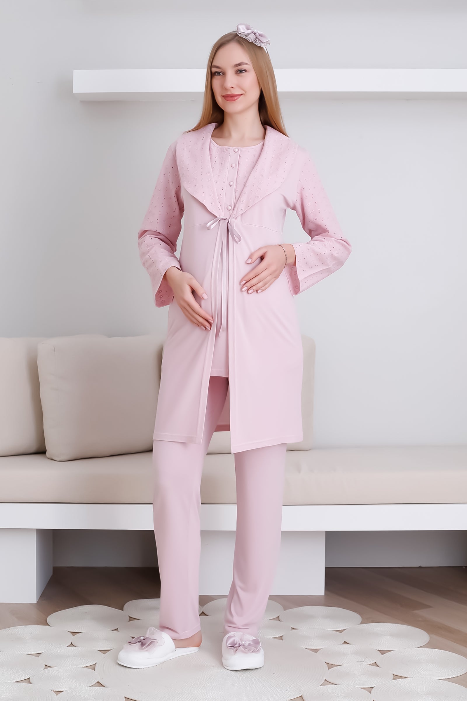 Lohusa&Hamile Sabahlık ve Pijama Takım / Şal Yaka Önü Düğmeli Hamile Takım - 3438