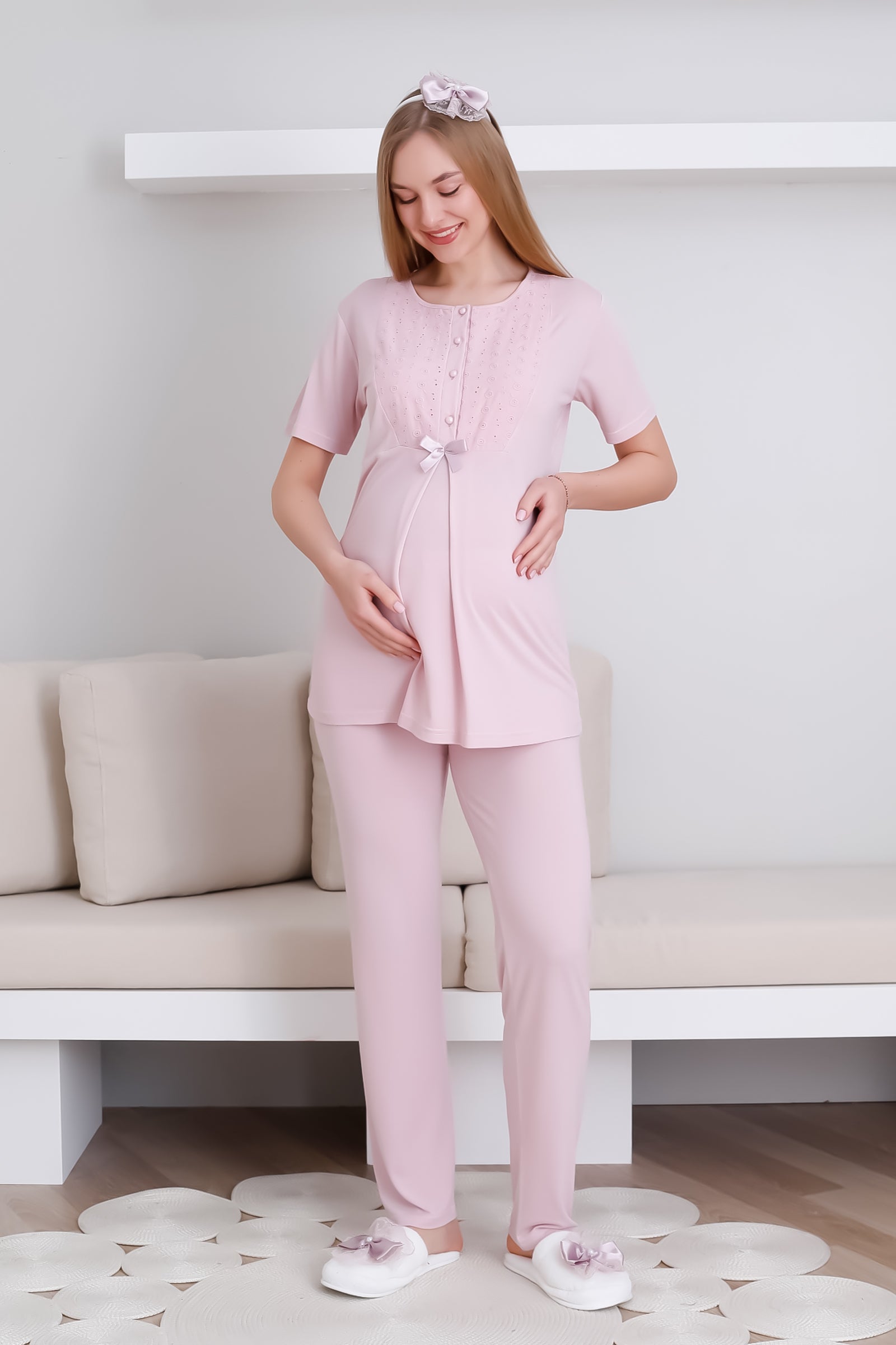 Lohusa&Hamile Sabahlık ve Pijama Takım / Şal Yaka Önü Düğmeli Hamile Takım - 3438