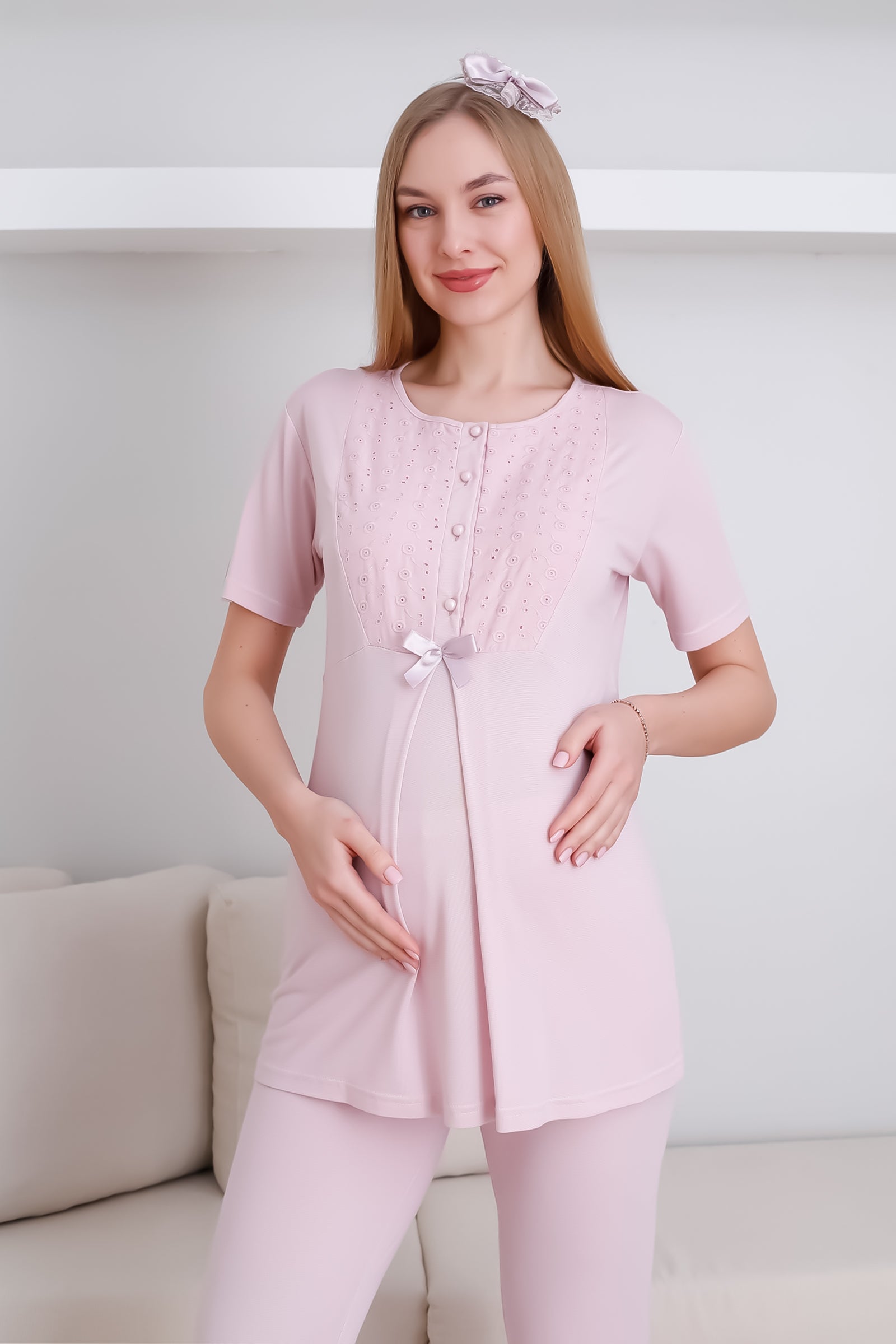 Lohusa&Hamile Sabahlık ve Pijama Takım / Şal Yaka Önü Düğmeli Hamile Takım - 3438