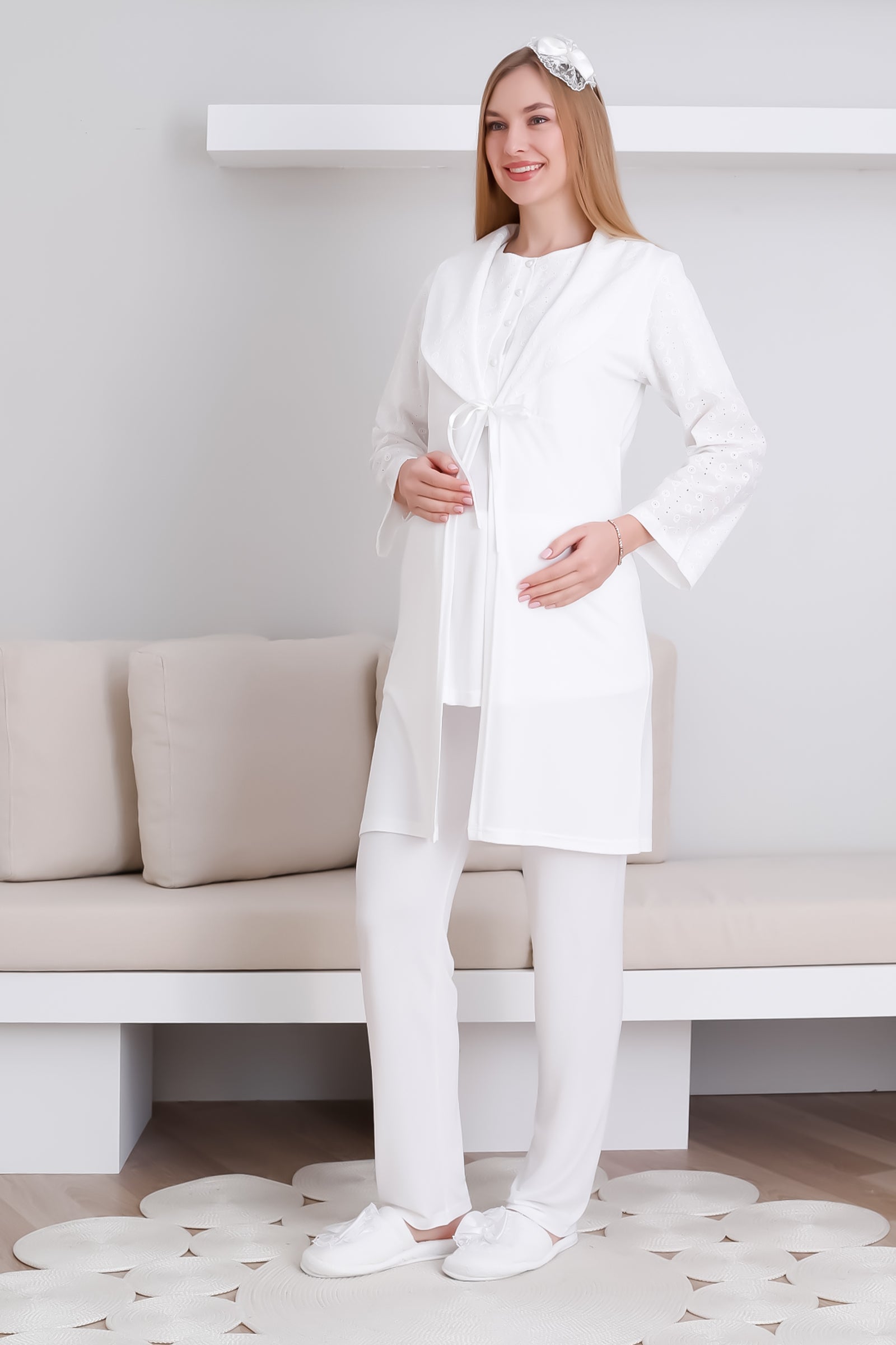 Lohusa&Hamile Sabahlık ve Pijama Takım / Şal Yaka Önü Düğmeli Hamile Takım - 3438