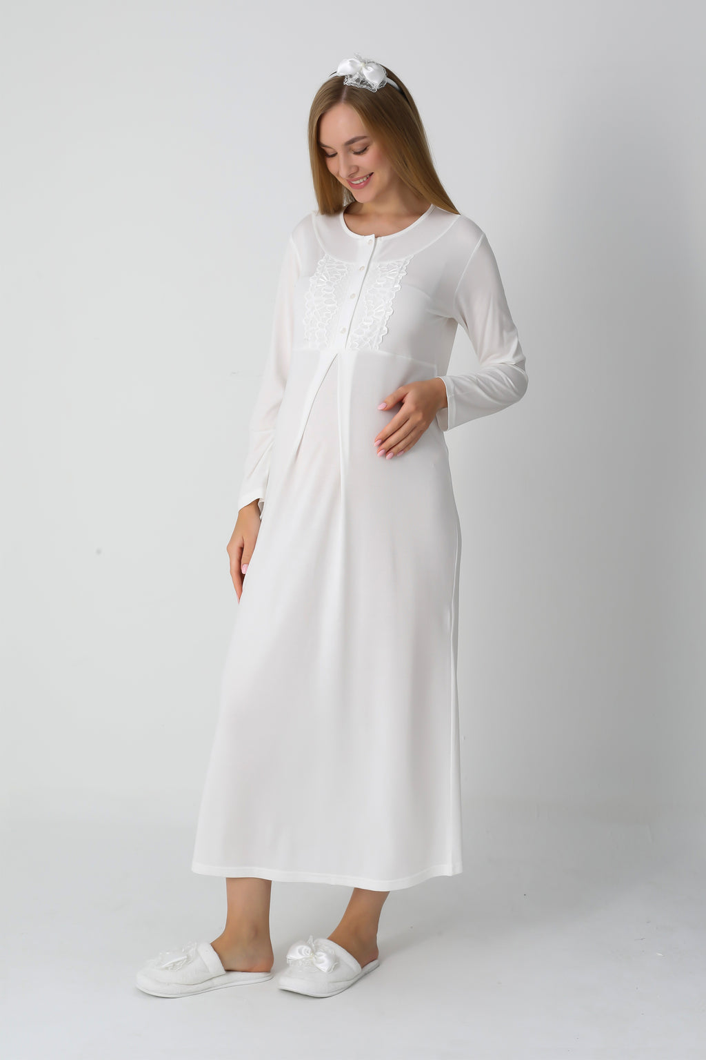 Jakarlı Havlu Sabahlıklı & Dantel Detaylı Lohusa Gecelik Takımı - 2312