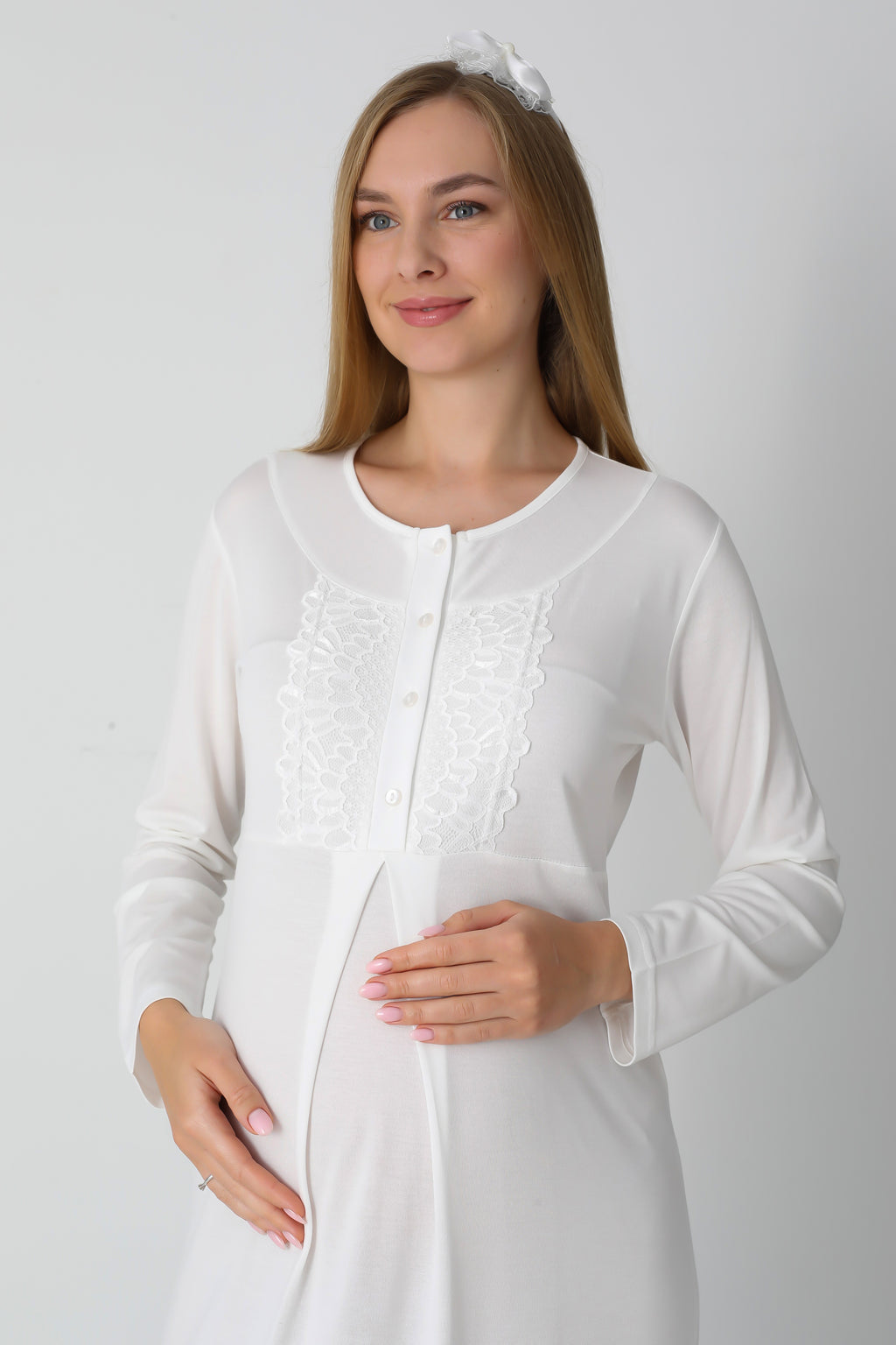 Jakarlı Havlu Sabahlıklı & Dantel Detaylı Lohusa Gecelik Takımı - 2312