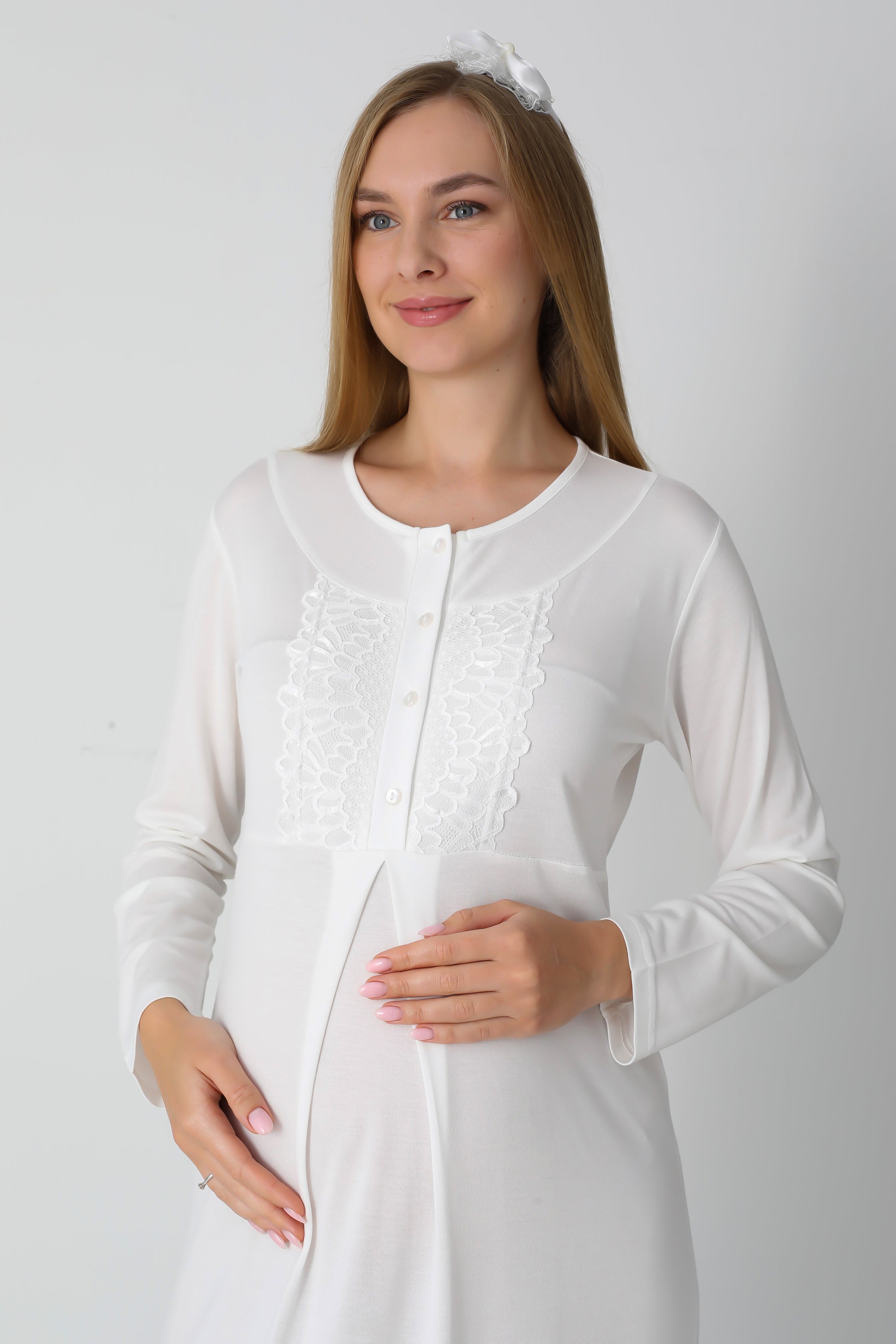 Jakarlı Havlu Sabahlıklı & Dantel Detaylı Lohusa Gecelik Takımı - 2312