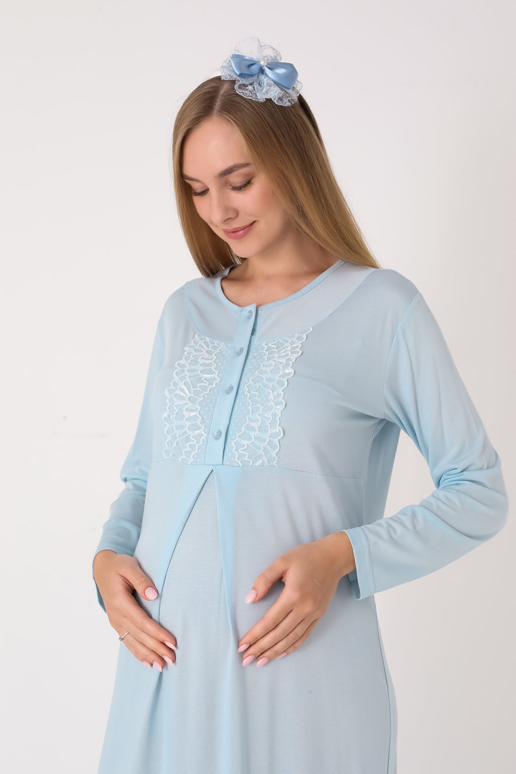 Jakarlı Havlu Sabahlıklı & Dantel Detaylı Lohusa Gecelik Takımı - 2312