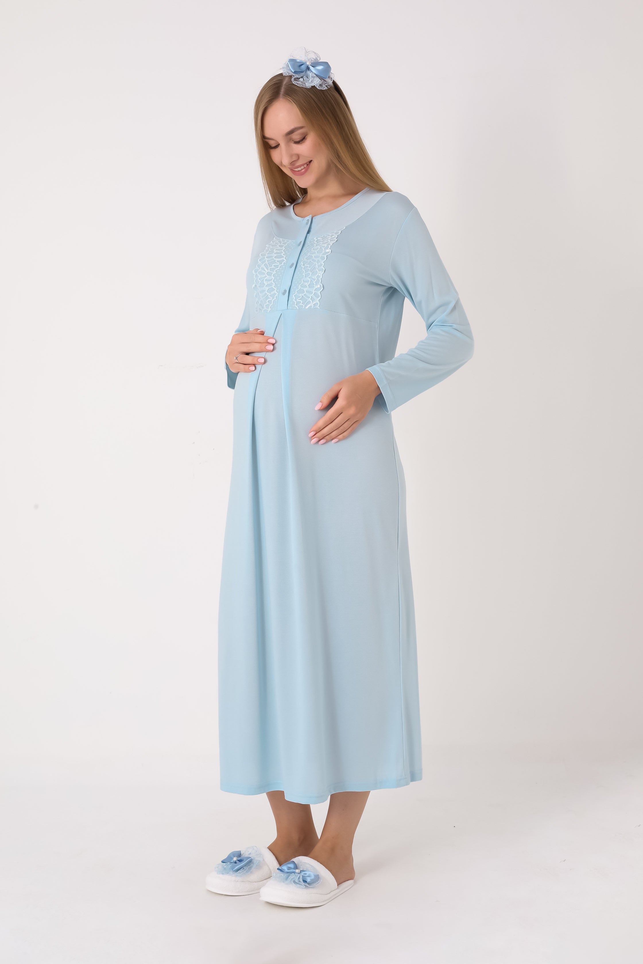 Jakarlı Havlu Sabahlıklı & Dantel Detaylı Lohusa Gecelik Takımı - 2312