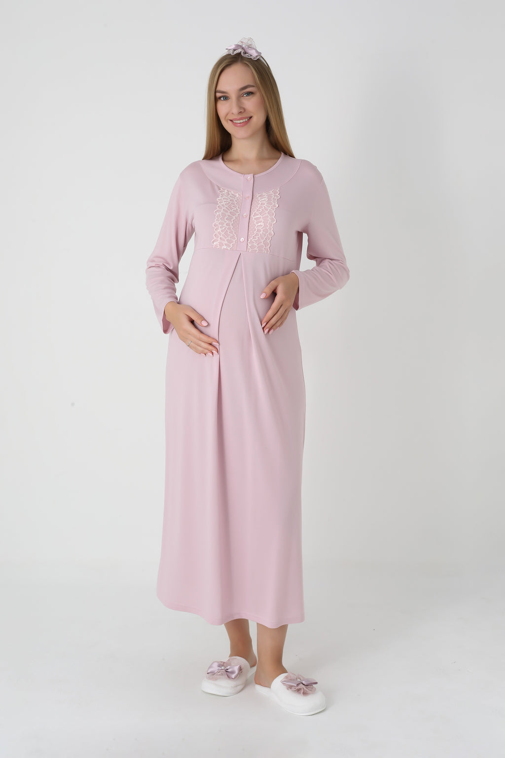 Jakarlı Havlu Sabahlıklı & Dantel Detaylı Lohusa Gecelik Takımı - 2312