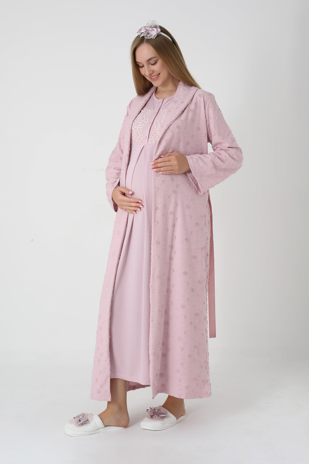 Jakarlı Havlu Sabahlıklı & Dantel Detaylı Lohusa Gecelik Takımı - 2312