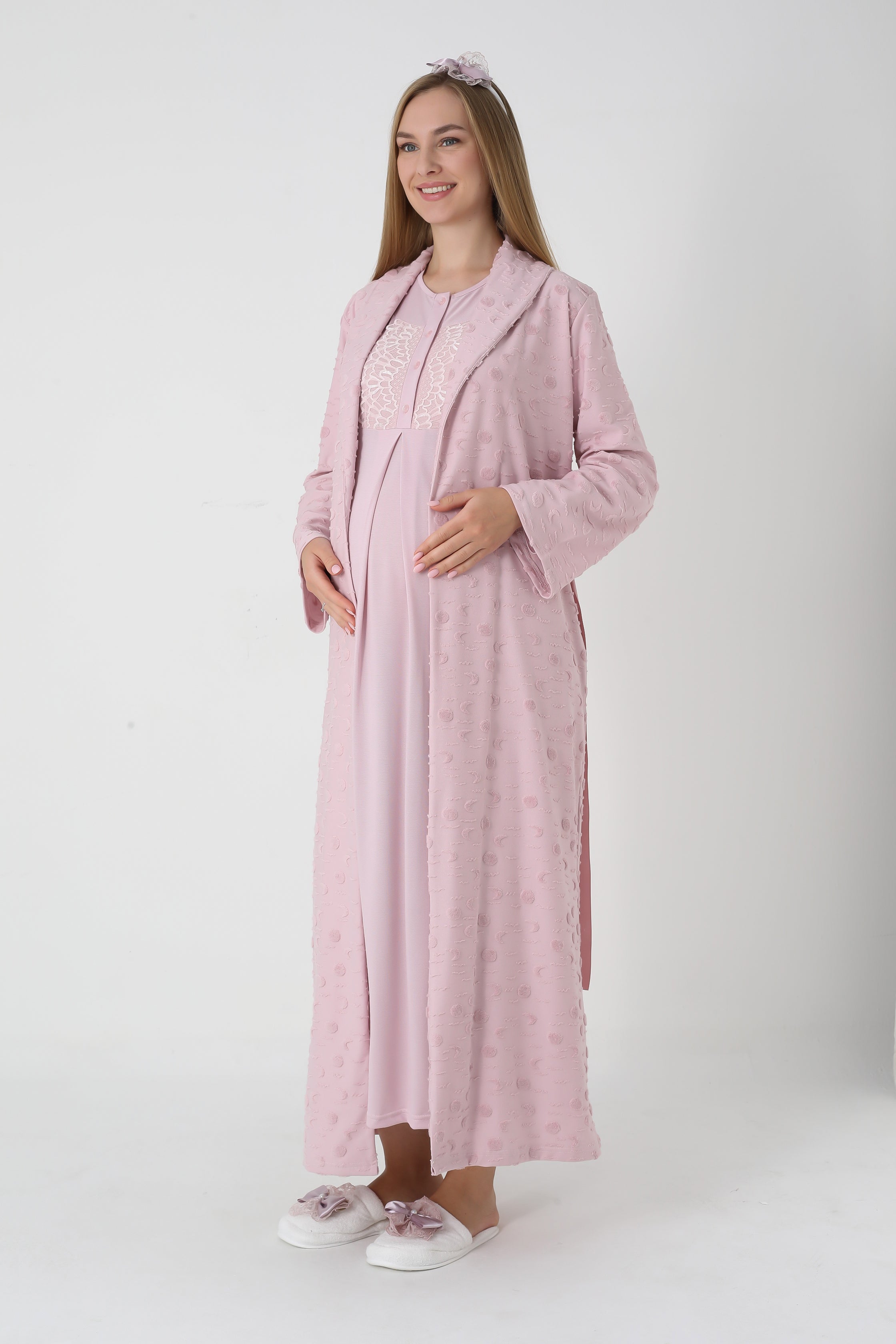 Jakarlı Havlu Sabahlıklı & Dantel Detaylı Lohusa Gecelik Takımı - 2312