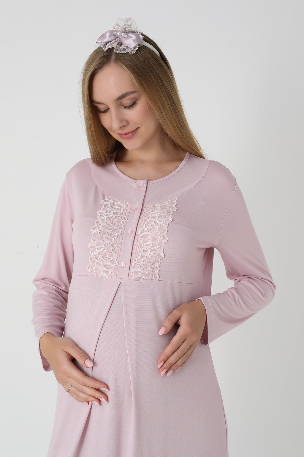 Jakarlı Havlu Sabahlıklı & Dantel Detaylı Lohusa Gecelik Takımı - 2312