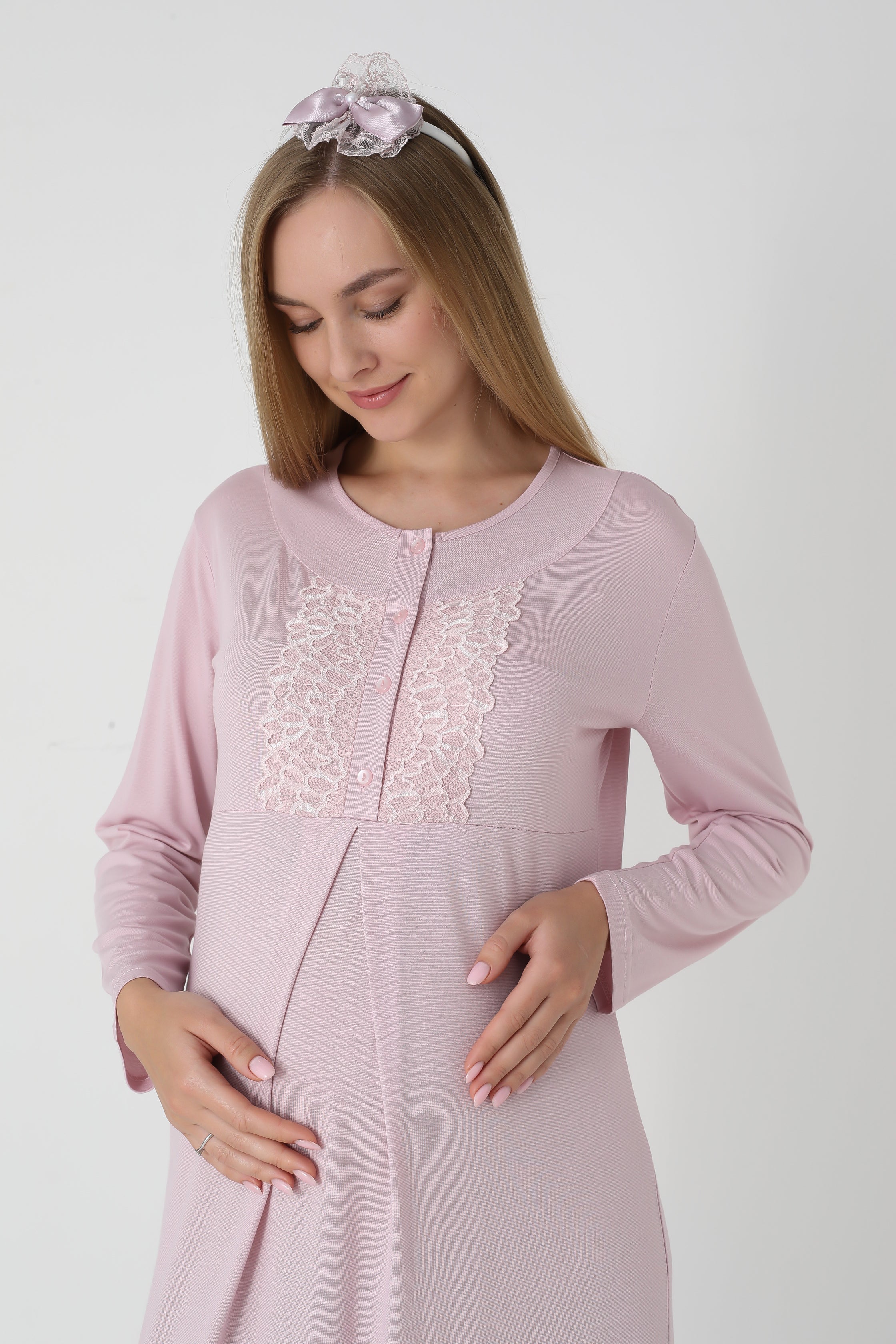 Jakarlı Havlu Sabahlıklı & Dantel Detaylı Lohusa Gecelik Takımı - 2312