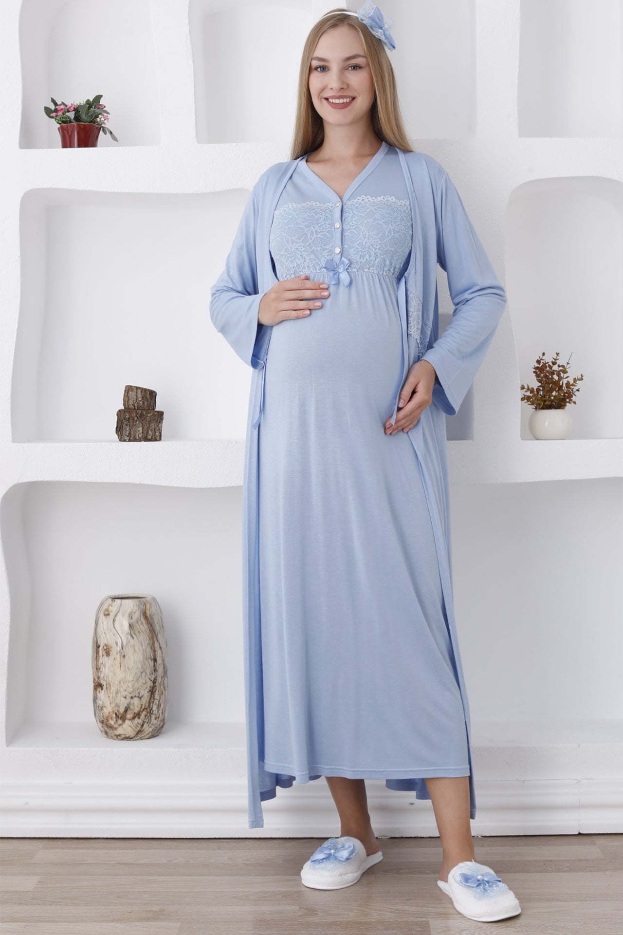 Uzun Kollu Ve Önü Düğmeli Hamile Takımı / Gecelik Ve Sabahlıklı Takım - 2284