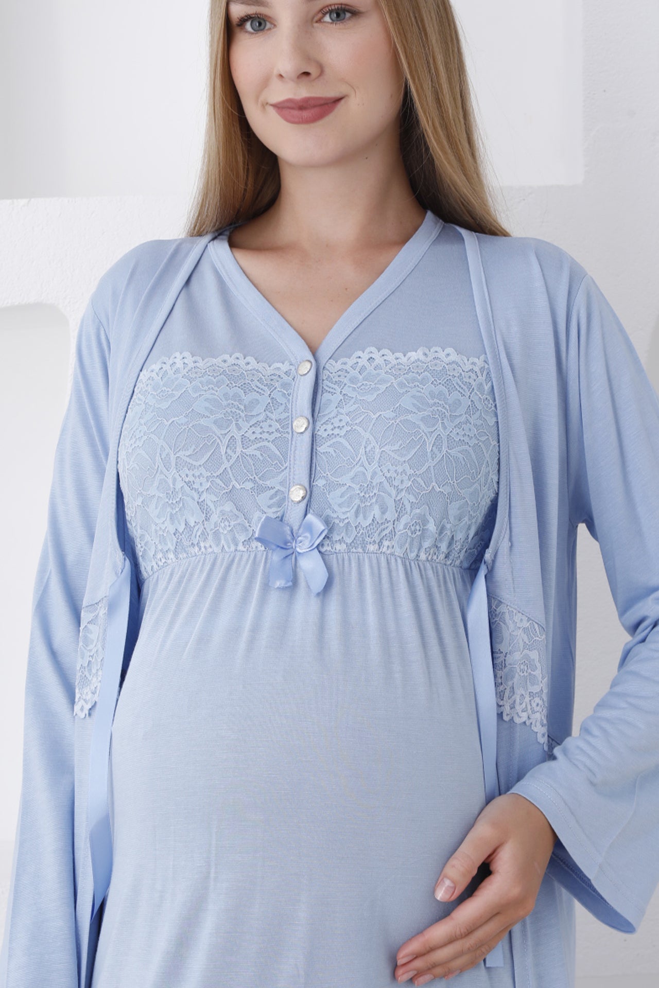 Uzun Kollu Hamile Gecelik ve Sabahlık Takımı / Göğsü Dantelli ve Düğmeli - 2282