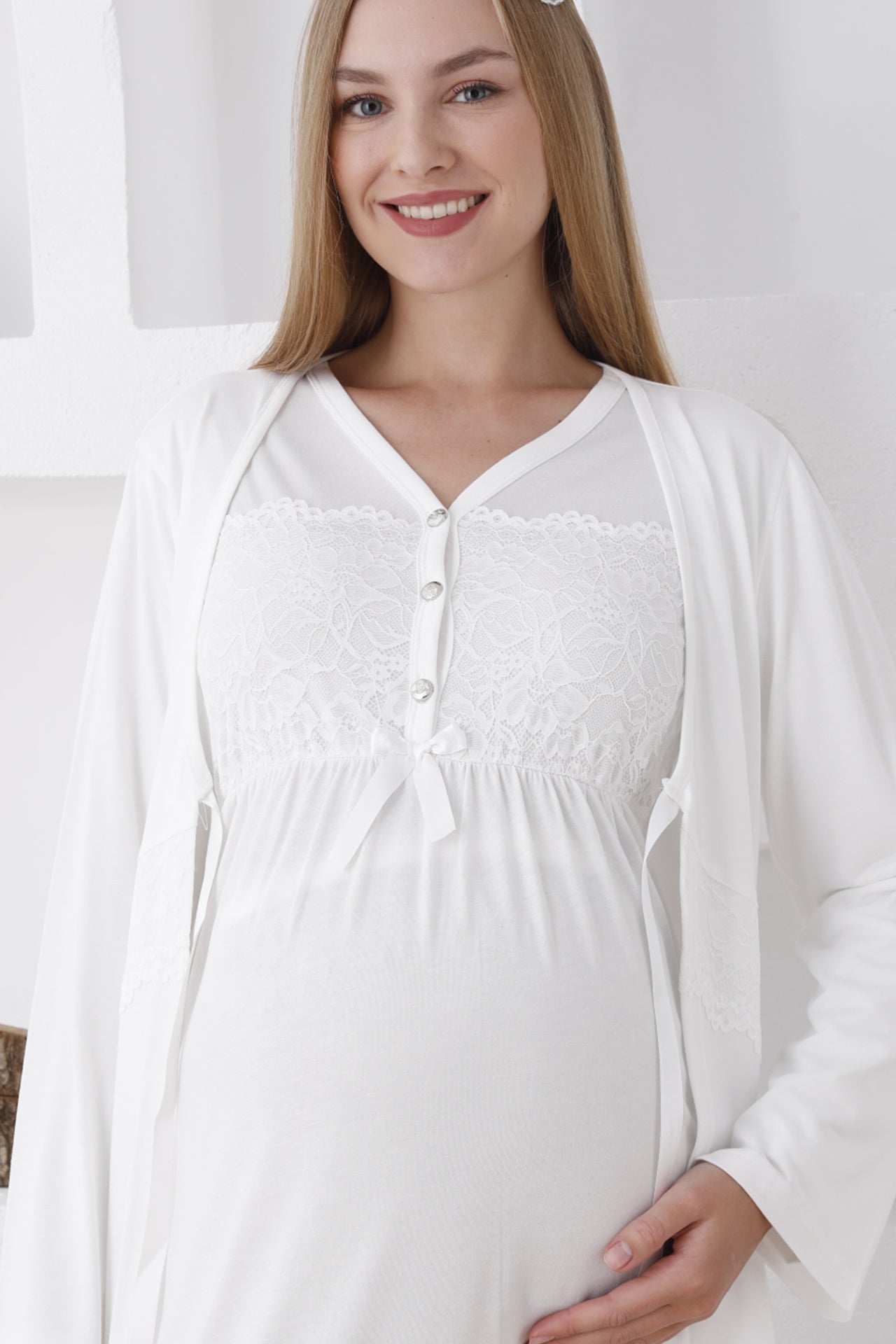 Uzun Kollu Ve Önü Düğmeli Hamile Takımı / Gecelik Ve Sabahlıklı Takım - 2284