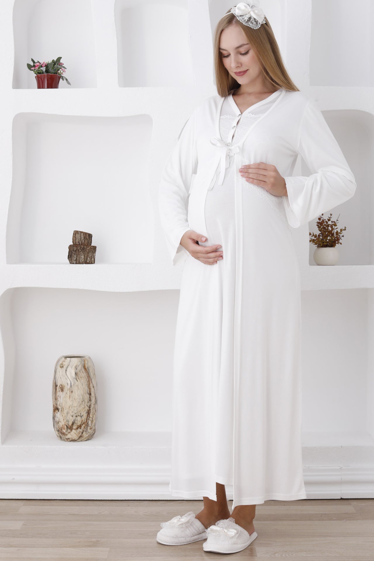 Uzun Kollu Hamile Gecelik ve Sabahlık Takımı / Göğsü Dantelli ve Düğmeli - 2282