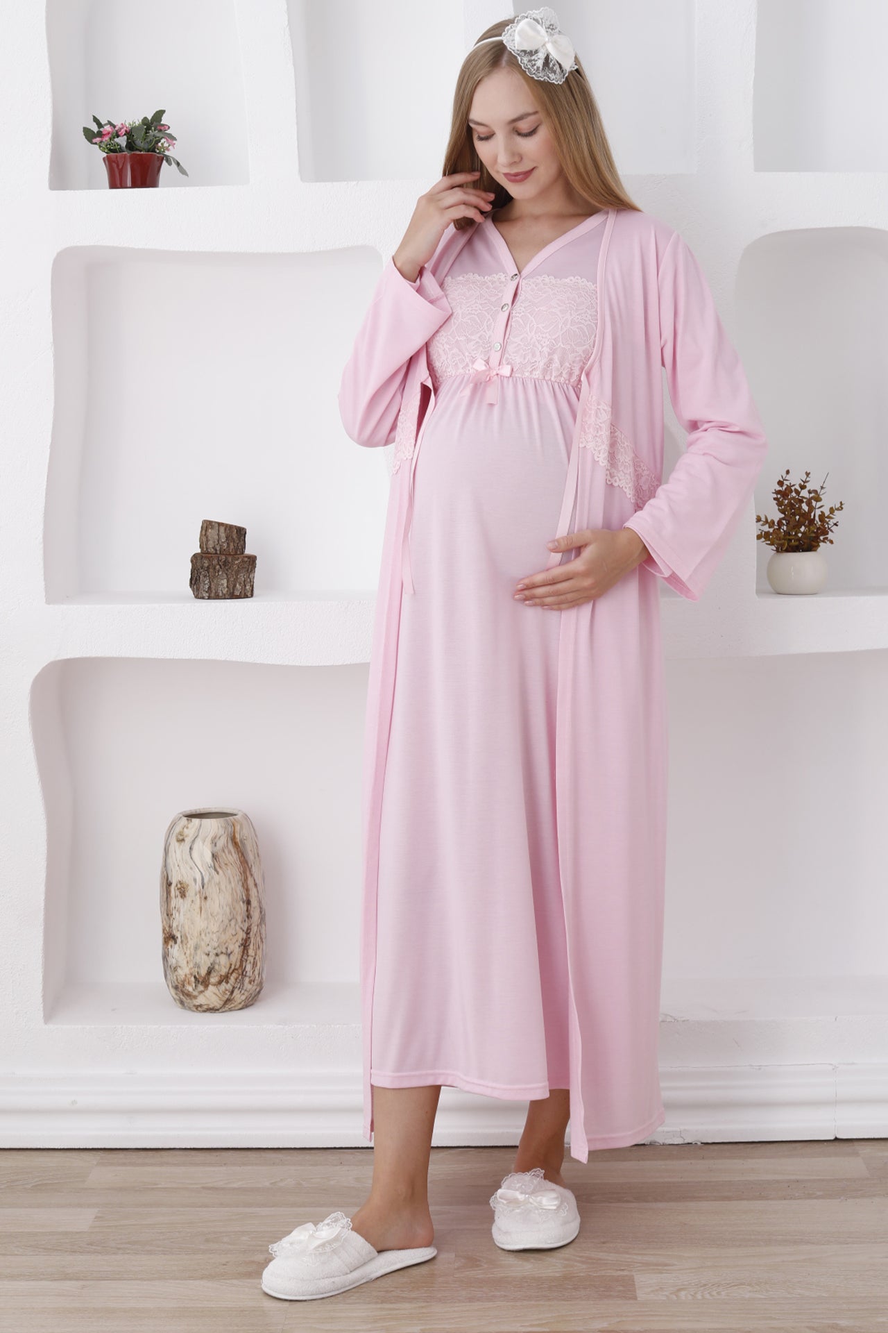 Uzun Kollu Ve Önü Düğmeli Hamile Takımı / Gecelik Ve Sabahlıklı Takım - 2284