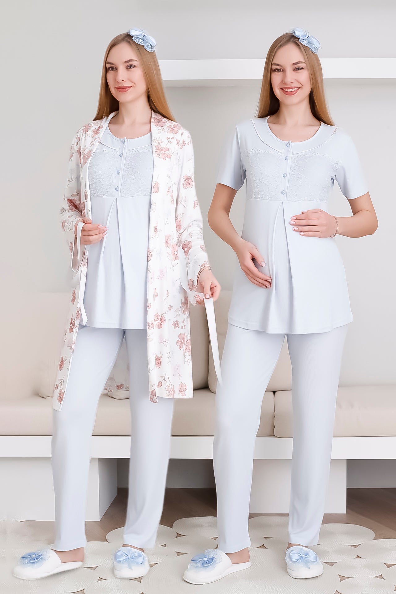 Melisa Pijama ve Sabahlık Takımı / 3'lü Lohusa & Hamile Takımı / Kısa Kollu, Önü Düğmeli Pijama - 3436