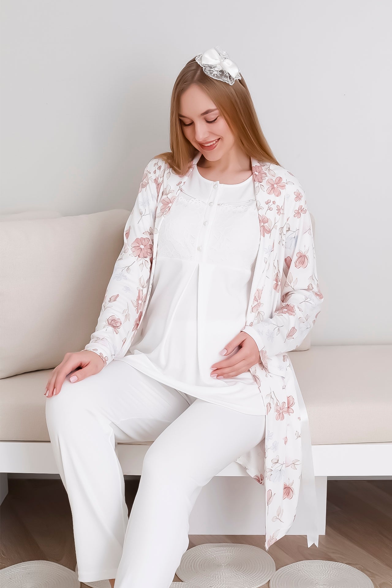 Melisa Pijama ve Sabahlık Takımı / 3'lü Lohusa & Hamile Takımı / Kısa Kollu, Önü Düğmeli Pijama - 3436
