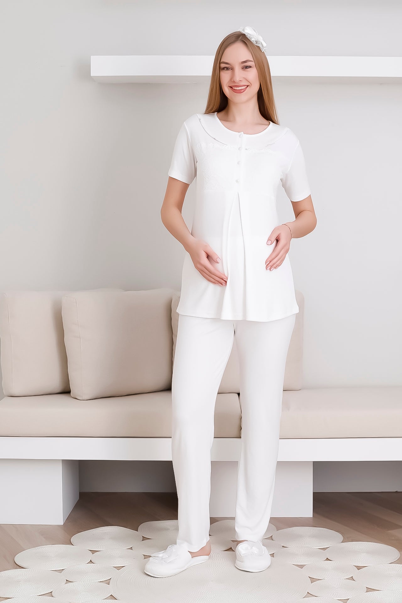 Melisa Pijama ve Sabahlık Takımı / 3'lü Lohusa & Hamile Takımı / Kısa Kollu, Önü Düğmeli Pijama - 3436