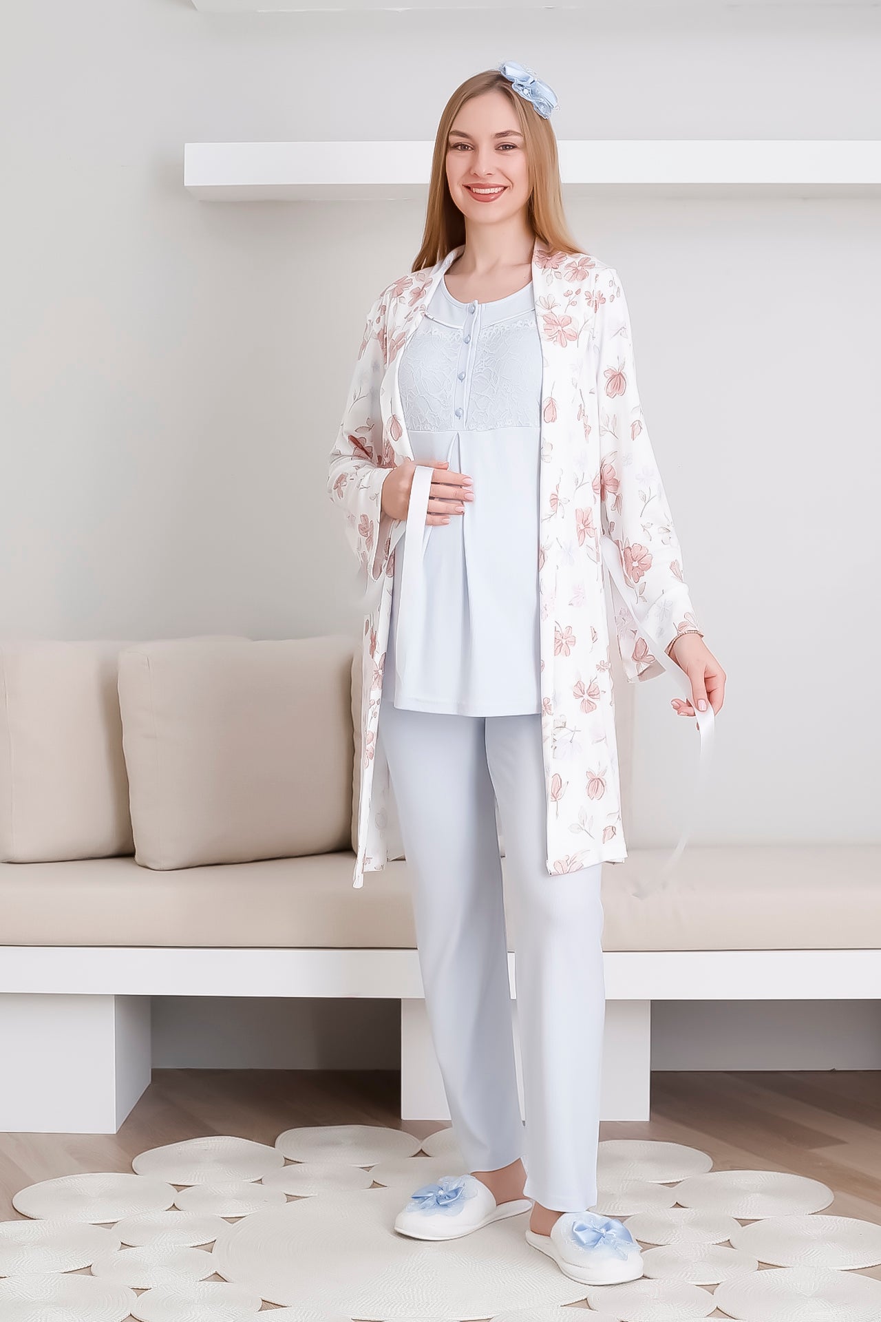 Melisa Pijama ve Sabahlık Takımı / 3'lü Lohusa & Hamile Takımı / Kısa Kollu, Önü Düğmeli Pijama - 3436