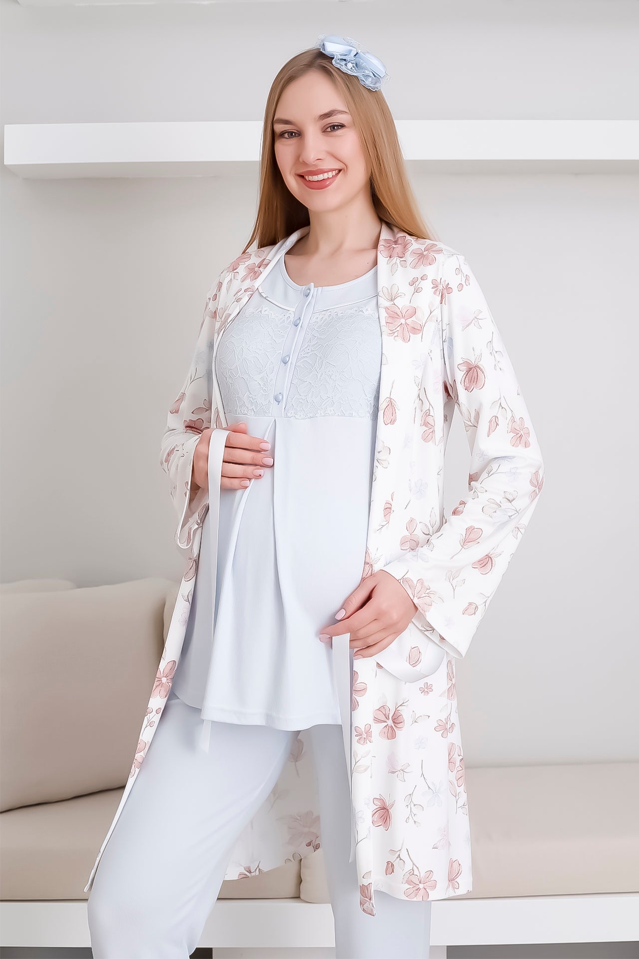 Melisa Pijama ve Sabahlık Takımı / 3'lü Lohusa & Hamile Takımı / Kısa Kollu, Önü Düğmeli Pijama - 3436
