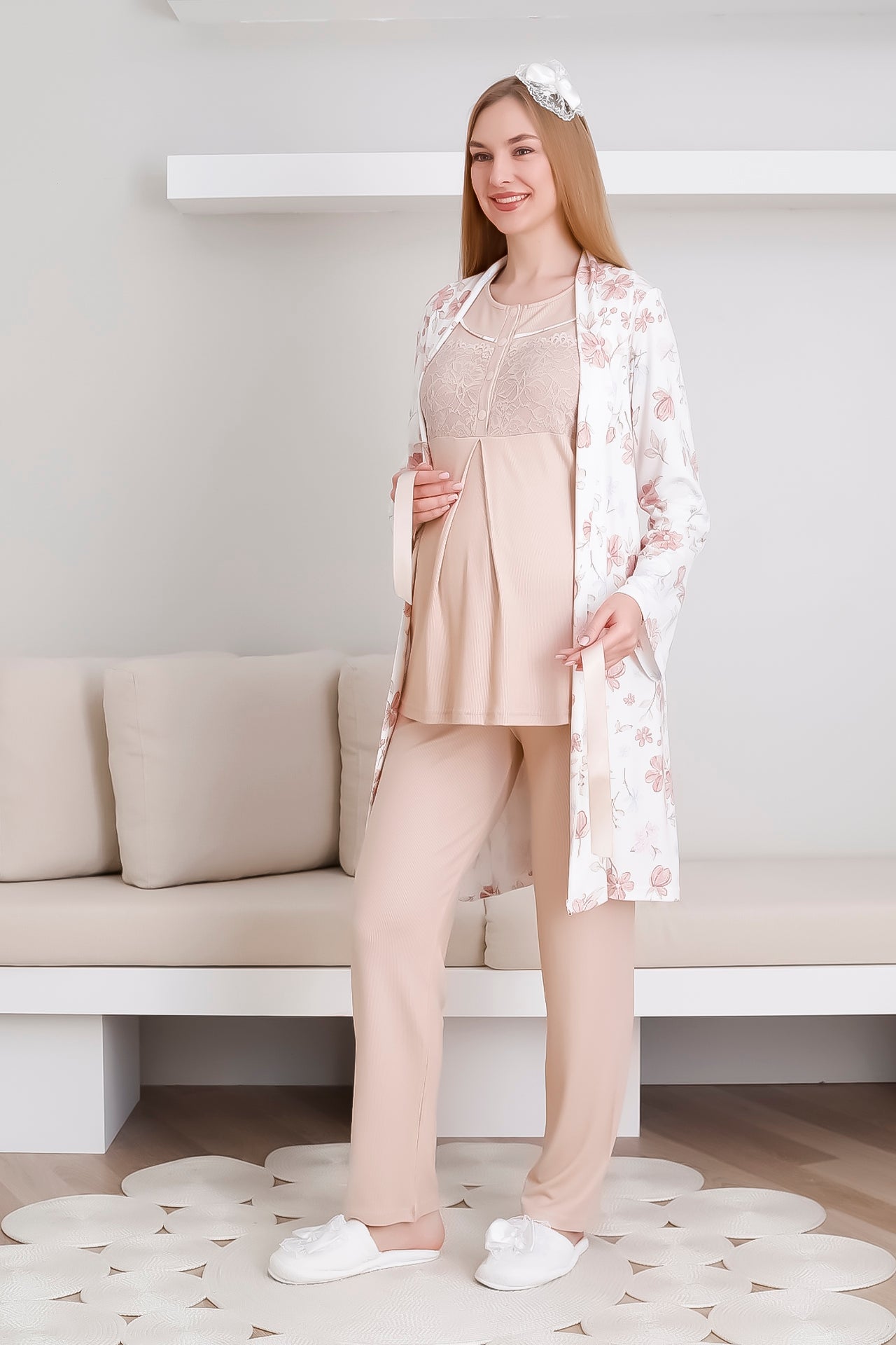 Melisa Pijama ve Sabahlık Takımı / 3'lü Lohusa & Hamile Takımı / Kısa Kollu, Önü Düğmeli Pijama - 3436