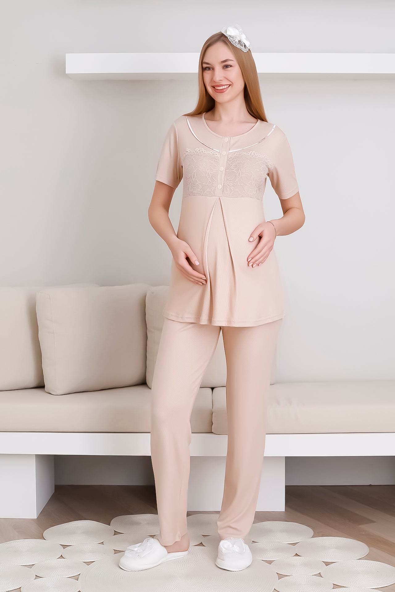 Melisa Pijama ve Sabahlık Takımı / 3'lü Lohusa & Hamile Takımı / Kısa Kollu, Önü Düğmeli Pijama - 3436