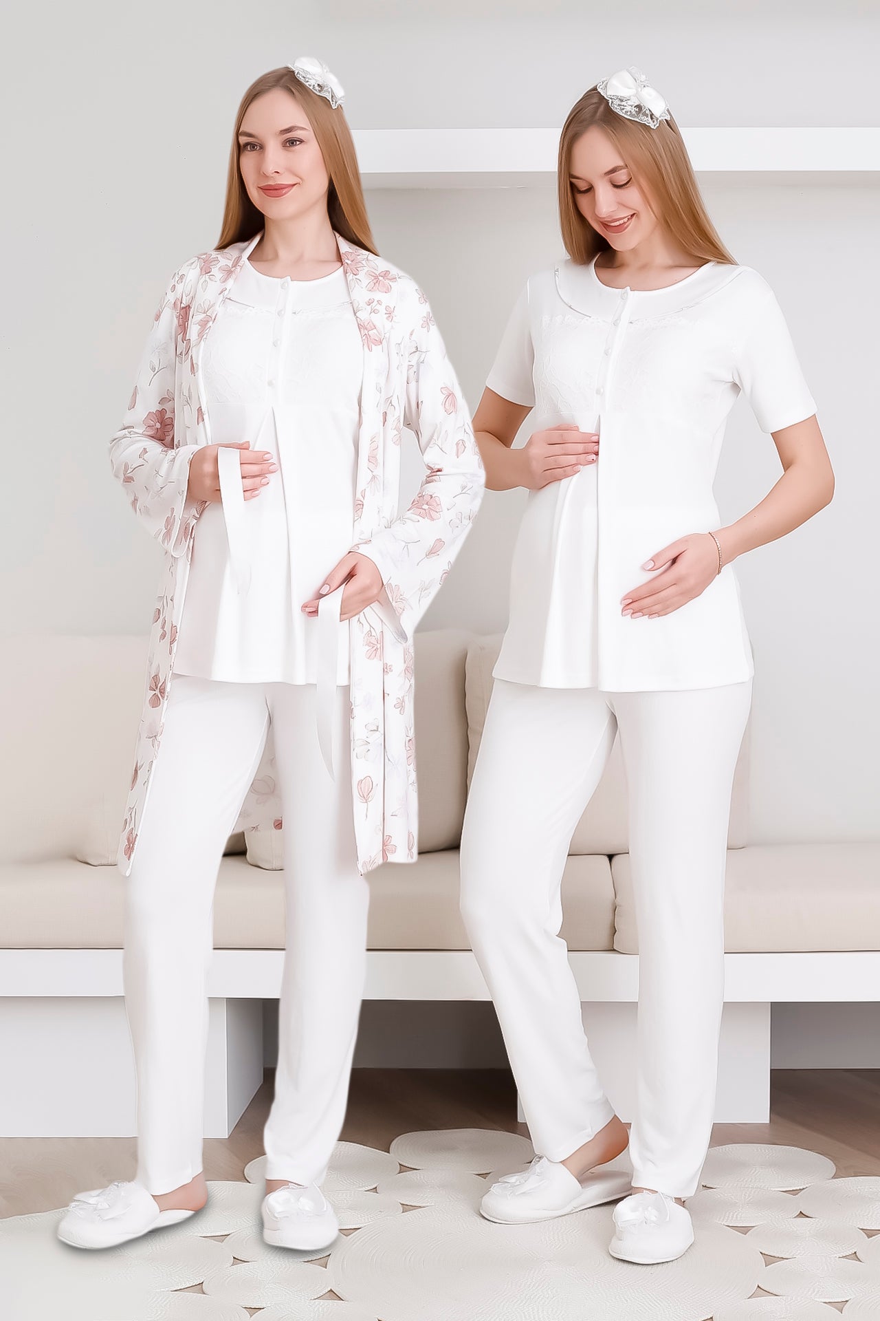 Melisa Pijama ve Sabahlık Takımı / 3'lü Lohusa & Hamile Takımı / Kısa Kollu, Önü Düğmeli Pijama - 3436