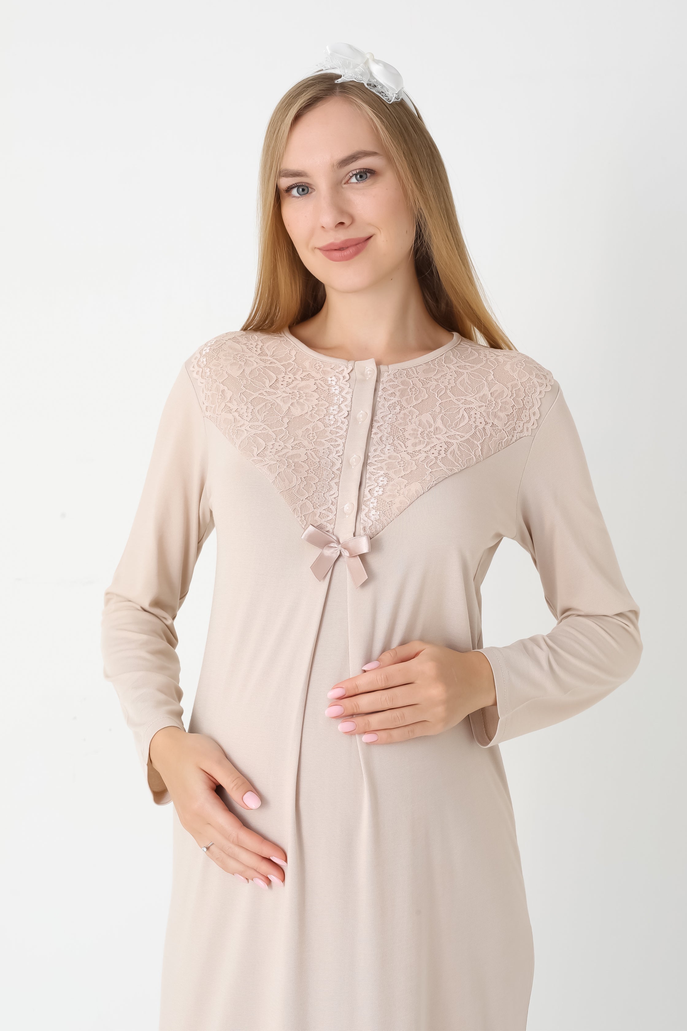 Dantel Kol Hamile Gecelik ve Sabahlık Takım Viskon Pamuk - Nar Çiçeği ve Vizon - 2309