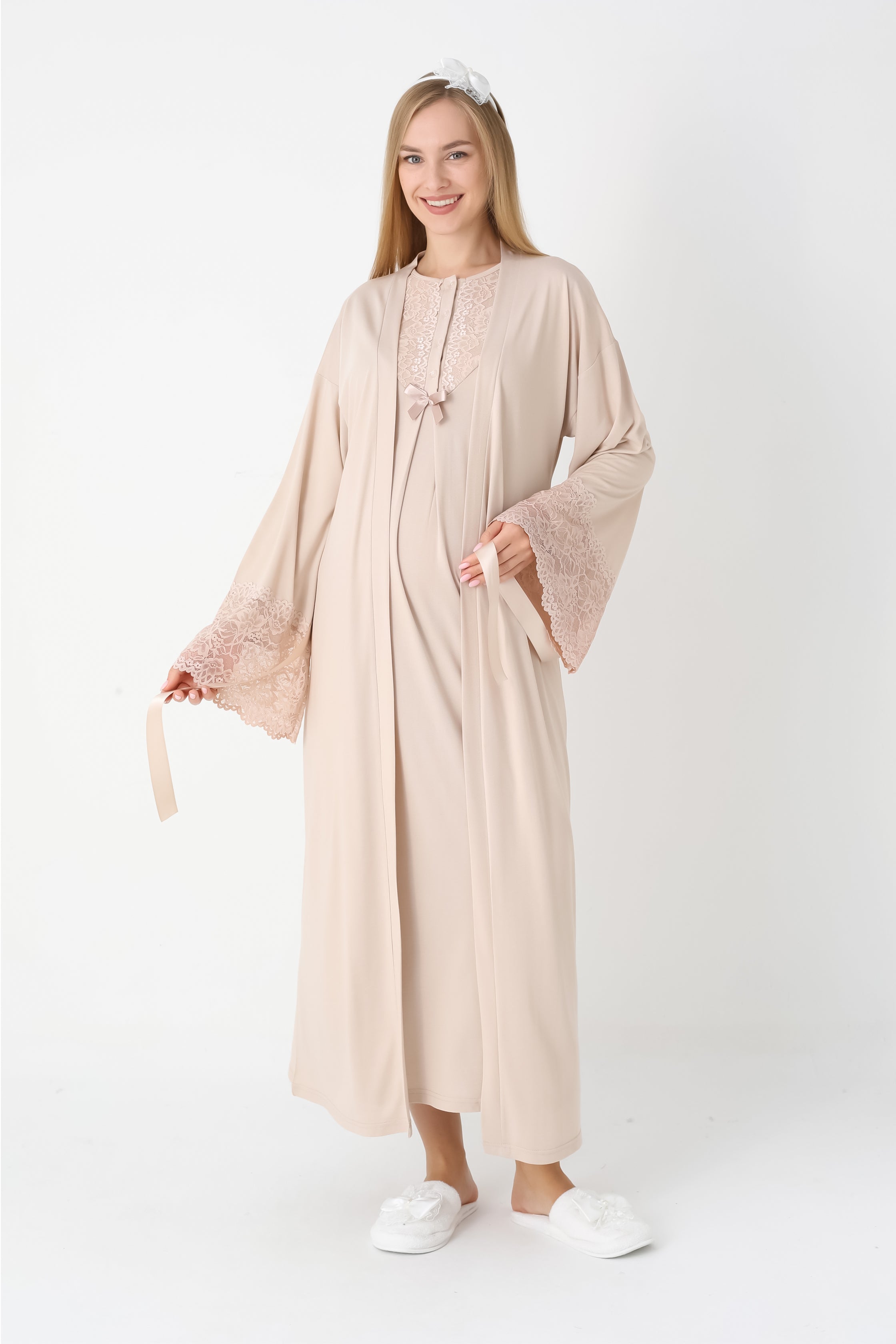 Dantel Kol Hamile Gecelik ve Sabahlık Takım Viskon Pamuk - Nar Çiçeği ve Vizon - 2309