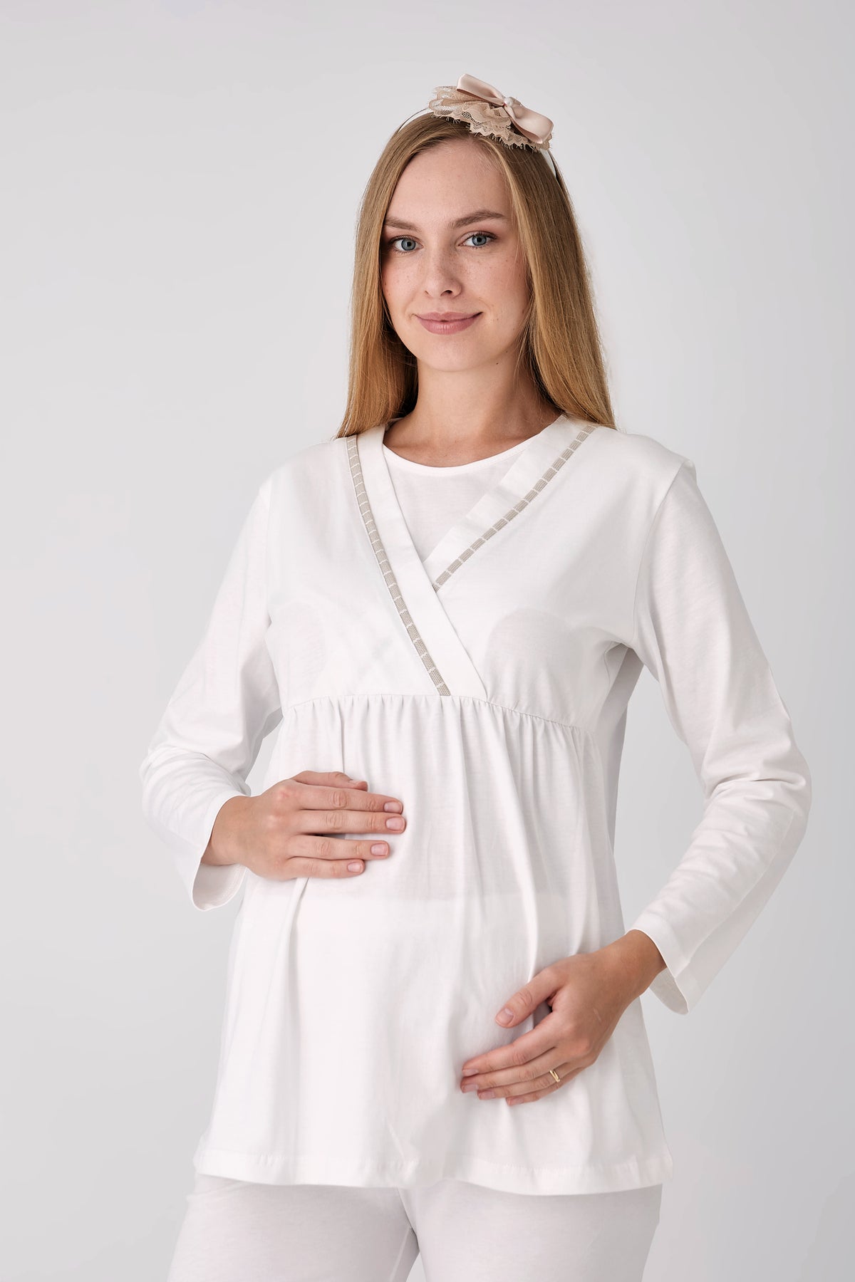 Hamile Pijama ve Sabahlık Takımı – 3’lü Pamuklu Lohusa Seti, Çizgili Sabahlıklı ve Kruvaze Yaka - 3488 11