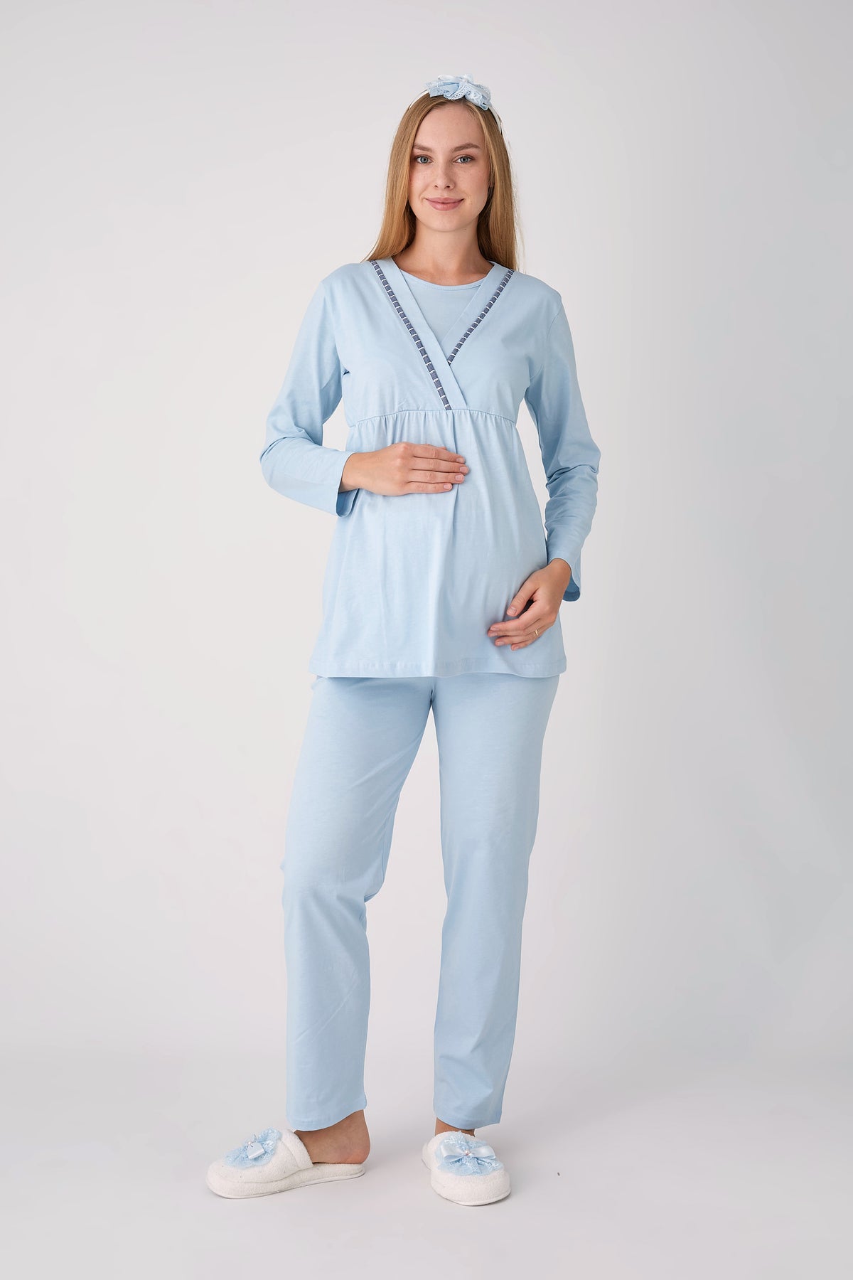 Hamile Pijama ve Sabahlık Takımı – 3’lü Pamuklu Lohusa Seti, Çizgili Sabahlıklı ve Kruvaze Yaka - 3488 5