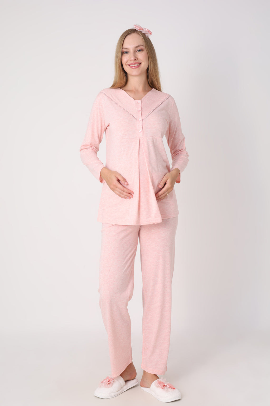Hamile Pijama ve Sabahlık Takımı – 3’lü Lohusa Seti, Geometrik Desen Sabahlık ve Biye Detaylı Üst - 3483