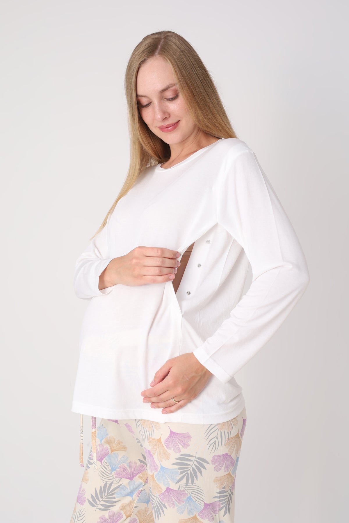 Hamile Pijama Takımı – Lohusa Seti, Desenli Alt ve Gizli Emzirme Panelli Üst Kombini - 1180-81 3