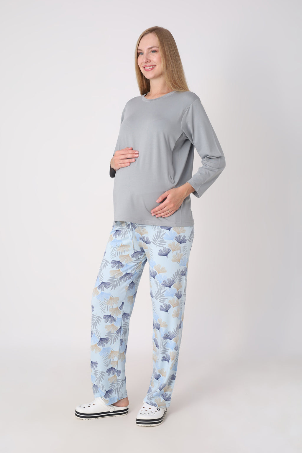 Hamile Pijama Takımı – Lohusa Seti, Desenli Alt ve Gizli Emzirme Panelli Üst Kombini - 1180-81