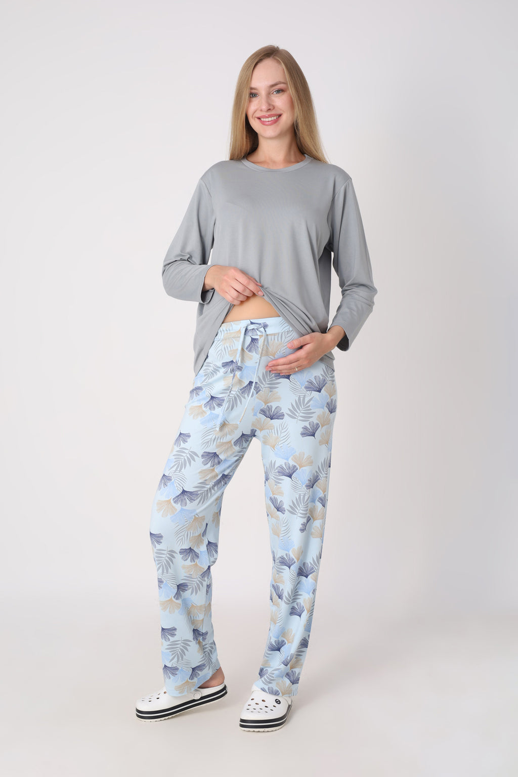 Hamile Pijama Takımı – Lohusa Seti, Desenli Alt ve Gizli Emzirme Panelli Üst Kombini - 1180-81