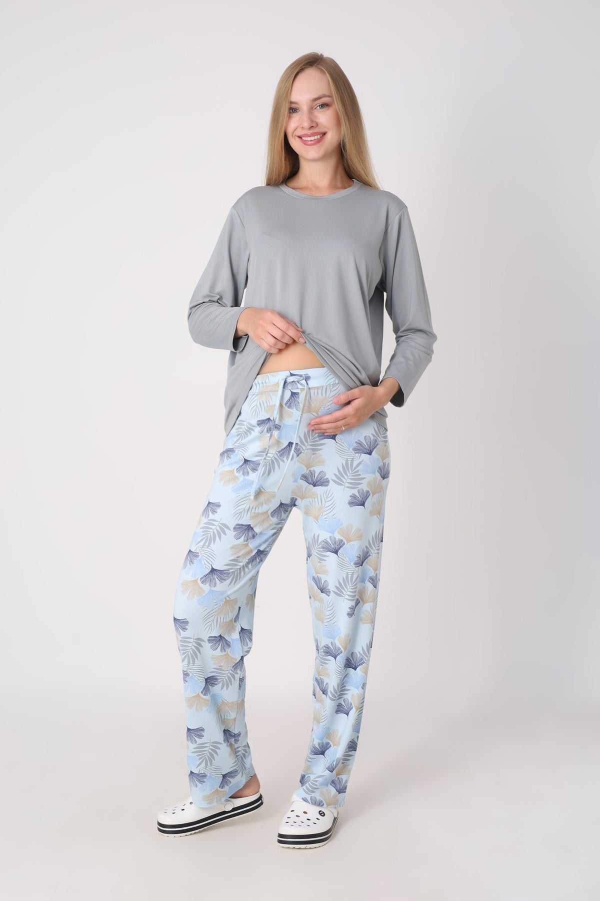 Hamile Pijama Takımı – Lohusa Seti, Desenli Alt ve Gizli Emzirme Panelli Üst Kombini - 1180-81 12