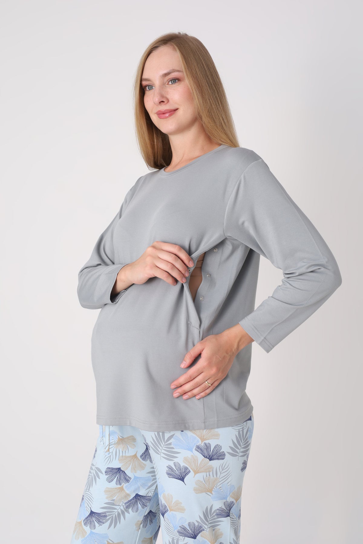 Hamile Pijama Takımı – Lohusa Seti, Desenli Alt ve Gizli Emzirme Panelli Üst Kombini - 1180-81 13