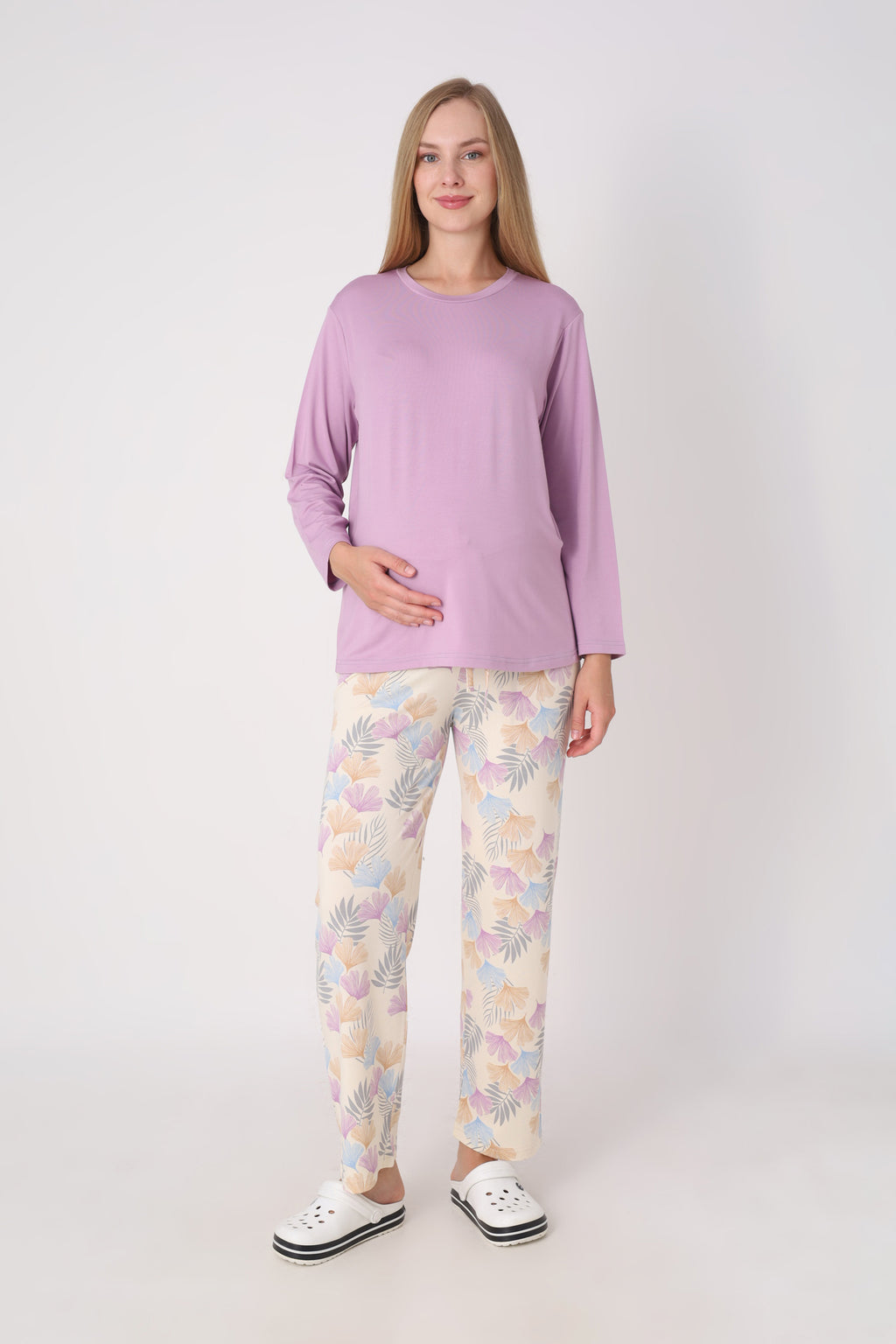 Hamile Pijama Takımı – Lohusa Seti, Desenli Alt ve Gizli Emzirme Panelli Üst Kombini - 1180-81