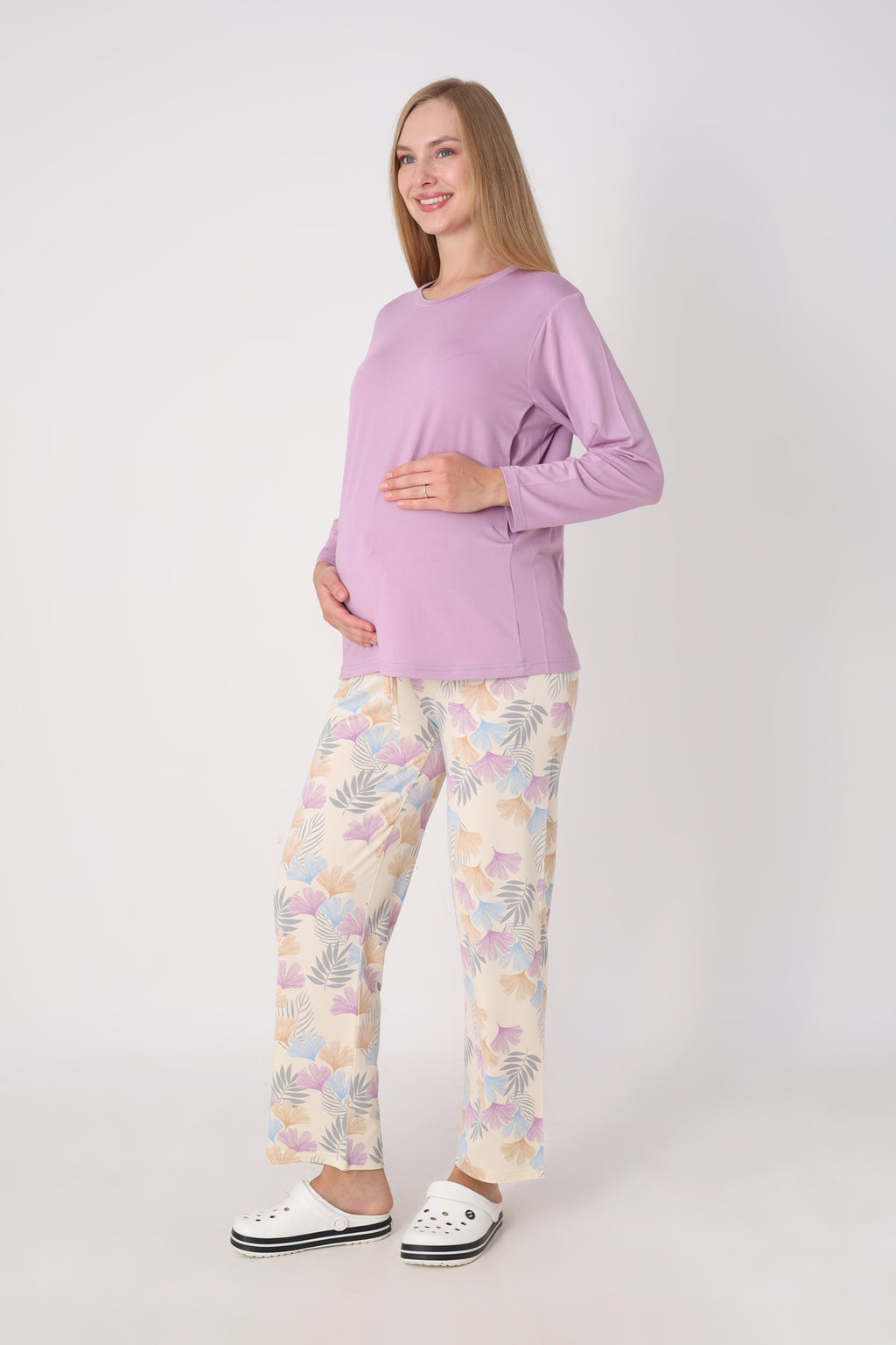 Hamile Pijama Takımı – Lohusa Seti, Desenli Alt ve Gizli Emzirme Panelli Üst Kombini - 1180-81