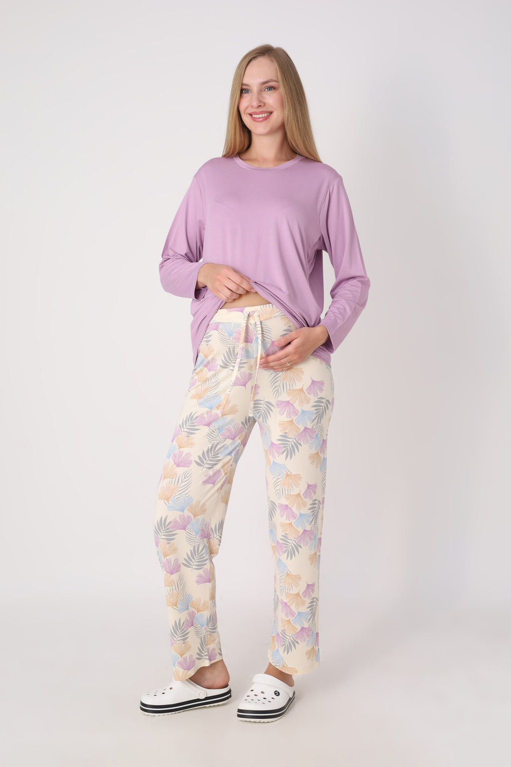 Hamile Pijama Takımı – Lohusa Seti, Desenli Alt ve Gizli Emzirme Panelli Üst Kombini - 1180-81