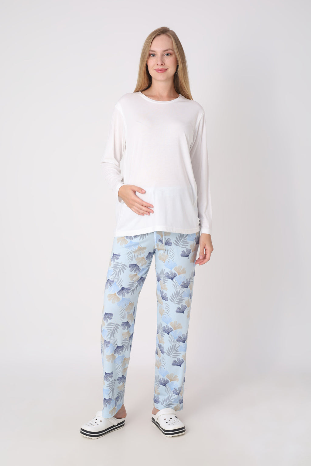 Hamile Pijama Takımı – Lohusa Seti, Desenli Alt ve Gizli Emzirme Panelli Üst Kombini - 1180-81