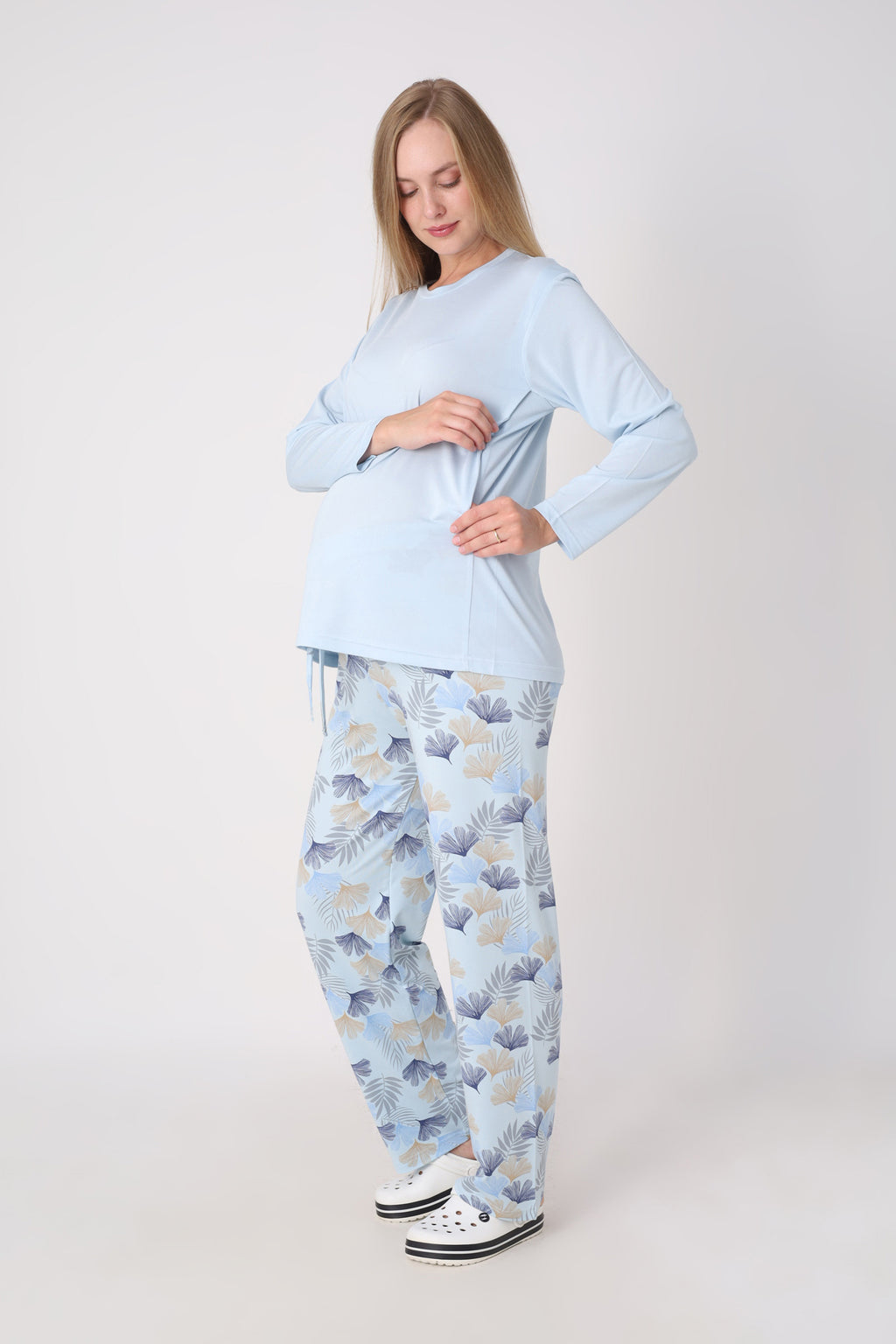Hamile Pijama Takımı – Lohusa Seti, Desenli Alt ve Gizli Emzirme Panelli Üst Kombini - 1180-81