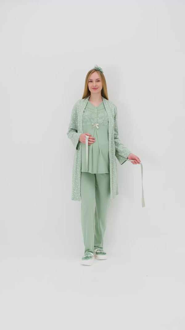 Narin Yaprak Motifli Sabahlık ve Dantelli Emzirme Pijama Takımı – 3’lü Lohusa Seti - 3466
