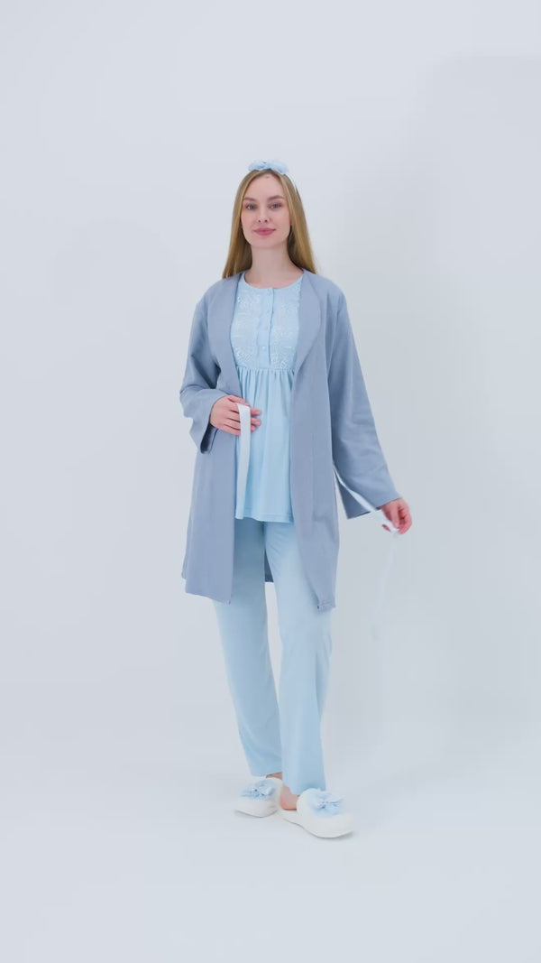 Lohusa Pijama Sabahlık 3'lü Takım Jakarlı Dokulu Dantel Göğüslü Düğmeli Emzirme Pamuk Viskon - 3463
