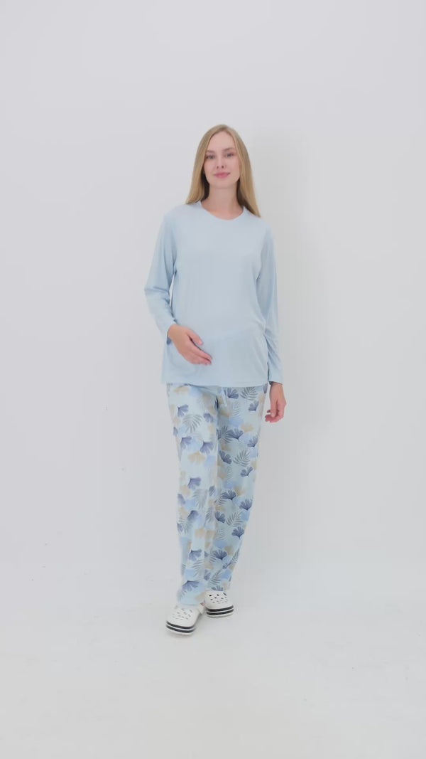 Hamile Pijama Takımı – Lohusa Seti, Desenli Alt ve Gizli Emzirme Panelli Üst Kombini - 1180-81