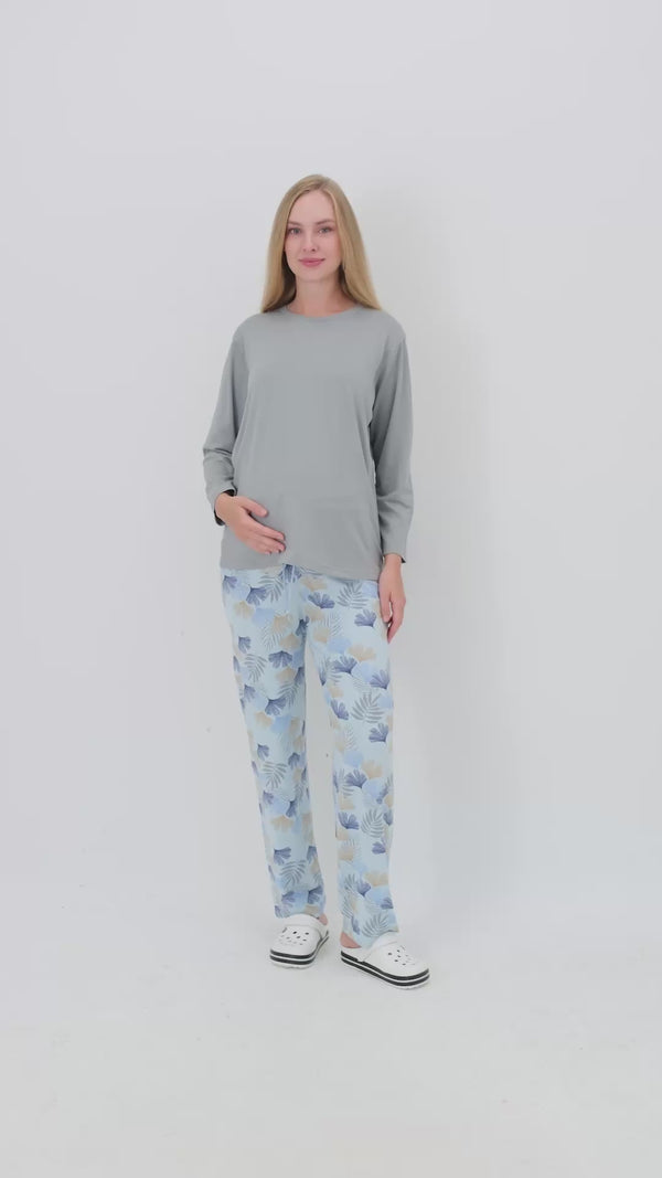 Hamile Pijama Takımı – Lohusa Seti, Desenli Alt ve Gizli Emzirme Panelli Üst Kombini - 1180-81